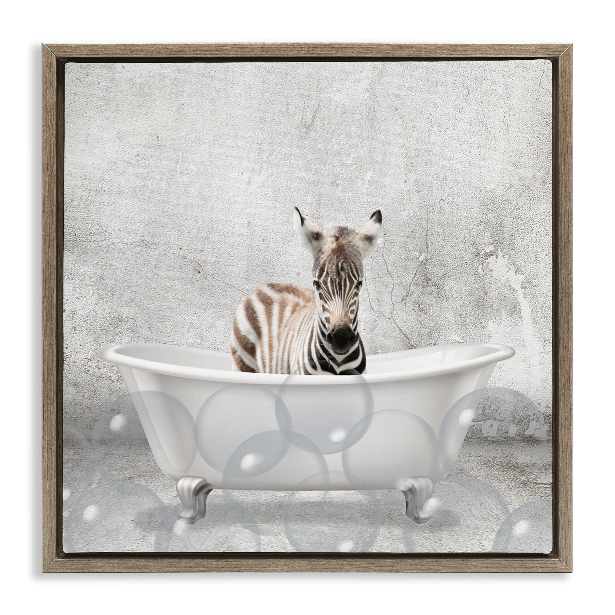 Stupell Industries Baby Zebra Bath Time Animals & Insects Painting Brown Floater Framed Canvas Art Print Wall Art, 18 x 18