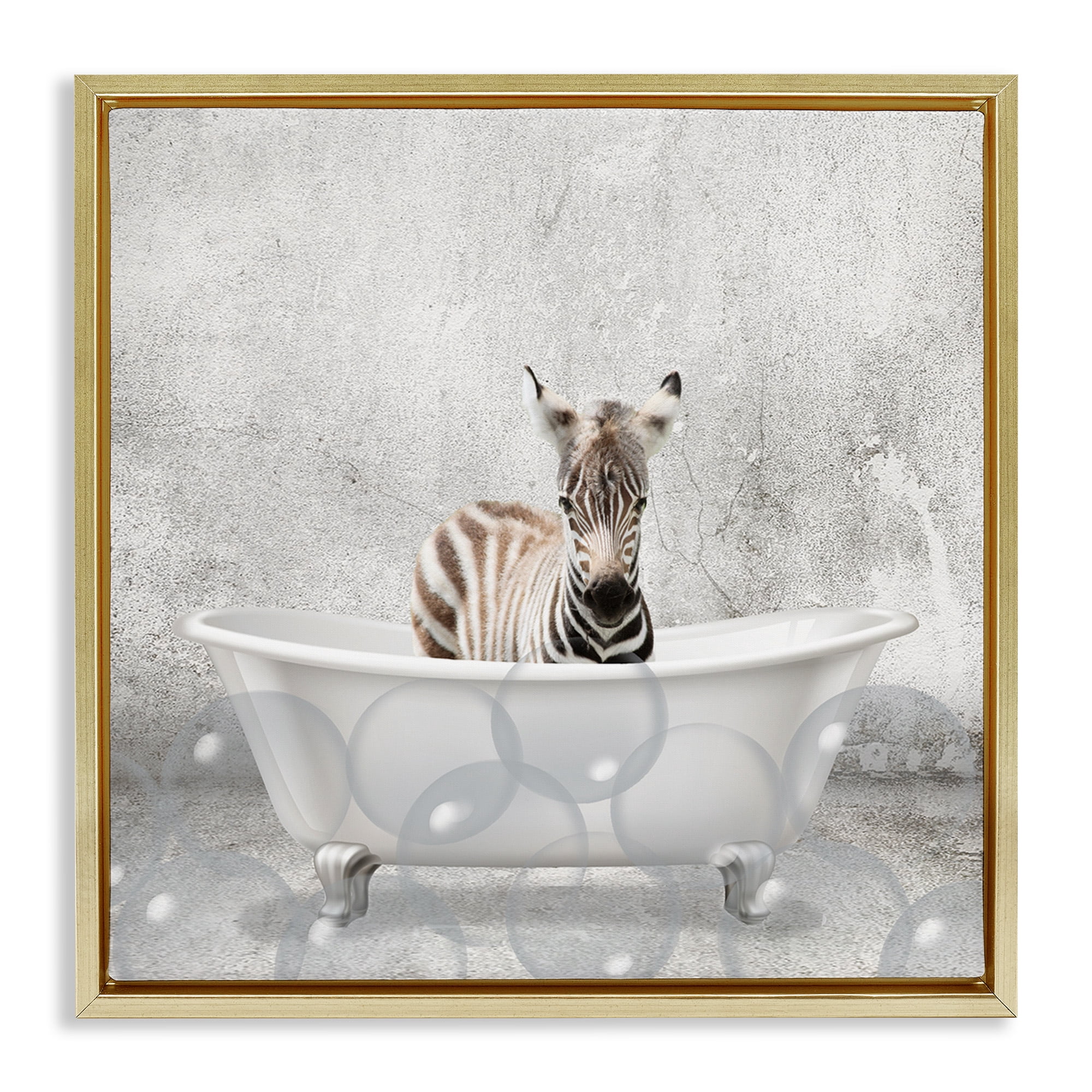 Stupell Industries Baby Zebra Bath Time Animals & Insects Painting Gold Floater Framed Canvas Art Print Wall Art, 25 x 25