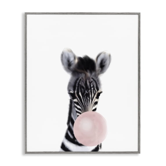 Stupell Industries Modern Baby Zebra with Pink Bubble Gum Safari Animal Gray Framed Giclee Art, 11 x 14, by Leah Straatsma