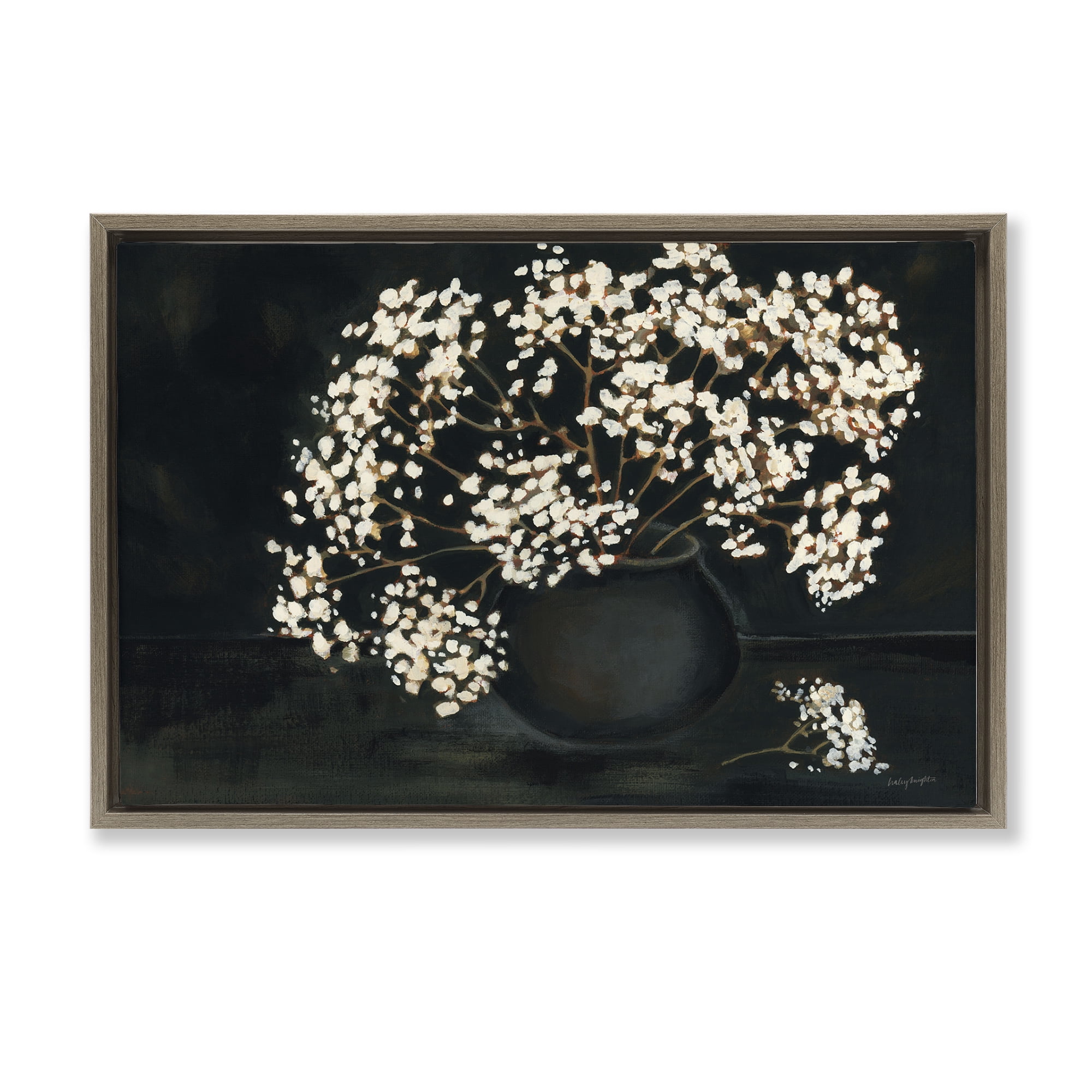 Stupell Industries Baby's Breath on Black Botanical & Floral Painting Brown Floater Framed Art Print Wall Art, 31 x 21