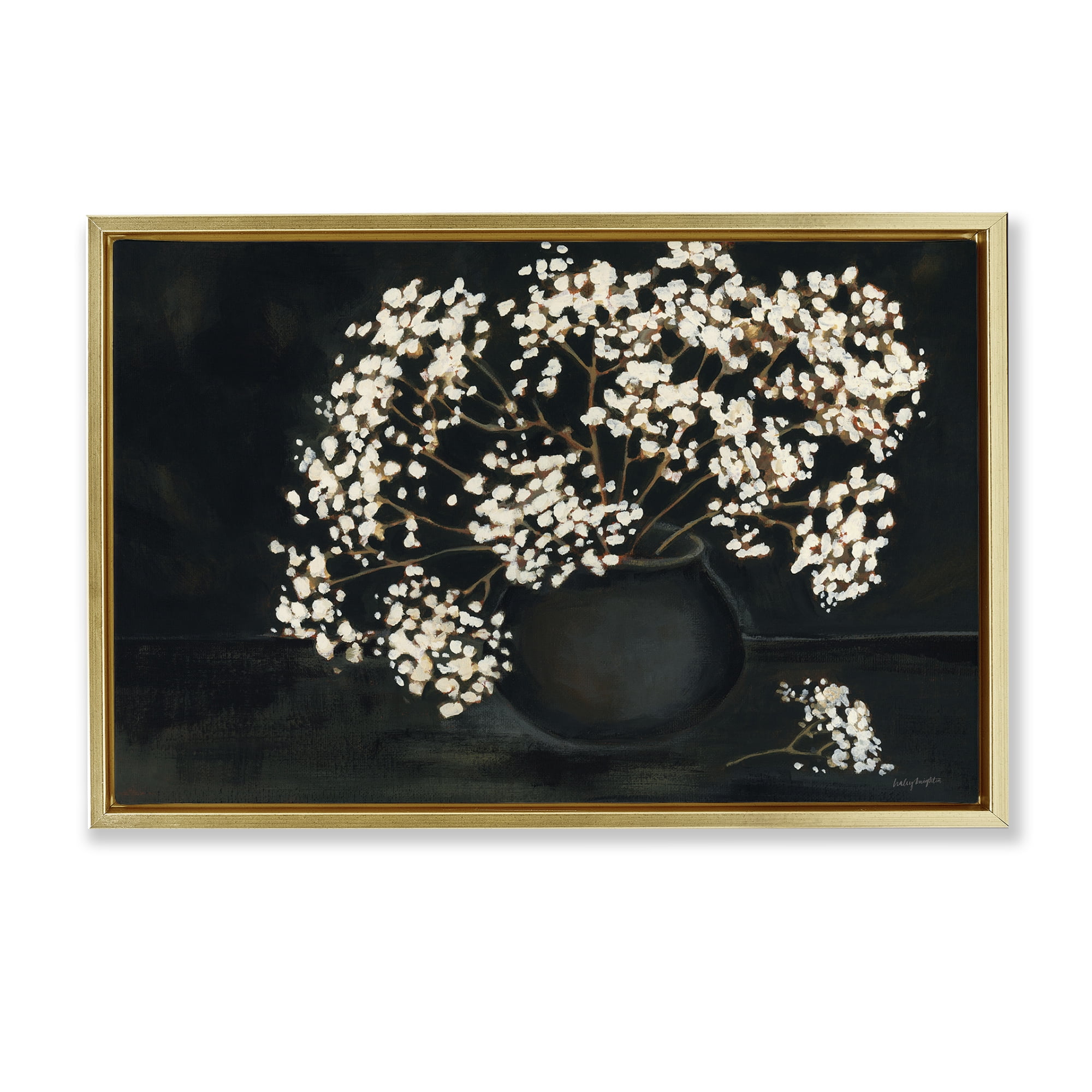 Stupell Industries Baby's Breath on Black Botanical & Floral Painting Gold Floater Framed Art Print Wall Art, 31 x 21