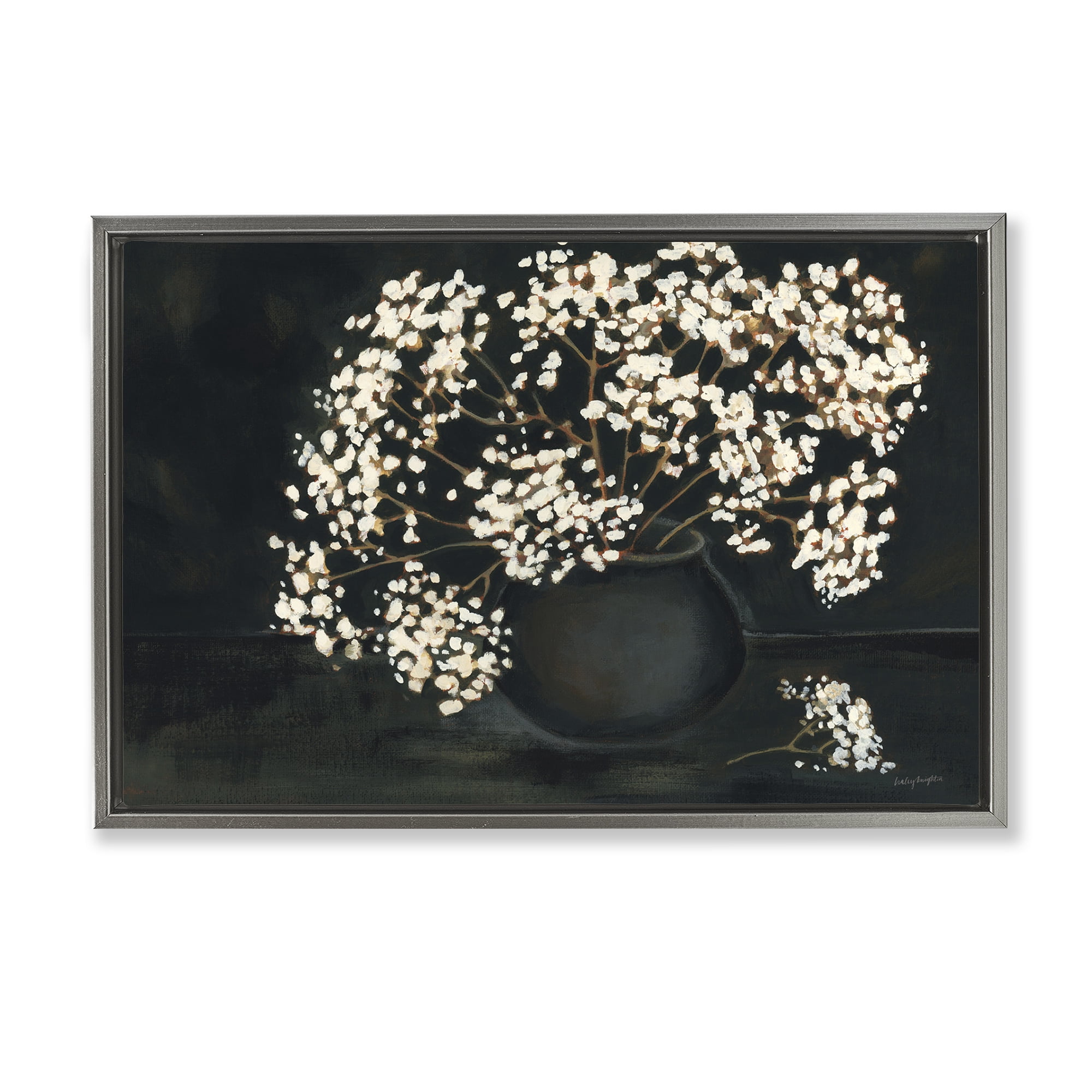 Stupell Industries Baby's Breath on Black Botanical & Floral Painting Gray Floater Framed Art Print Wall Art, 25 x 17