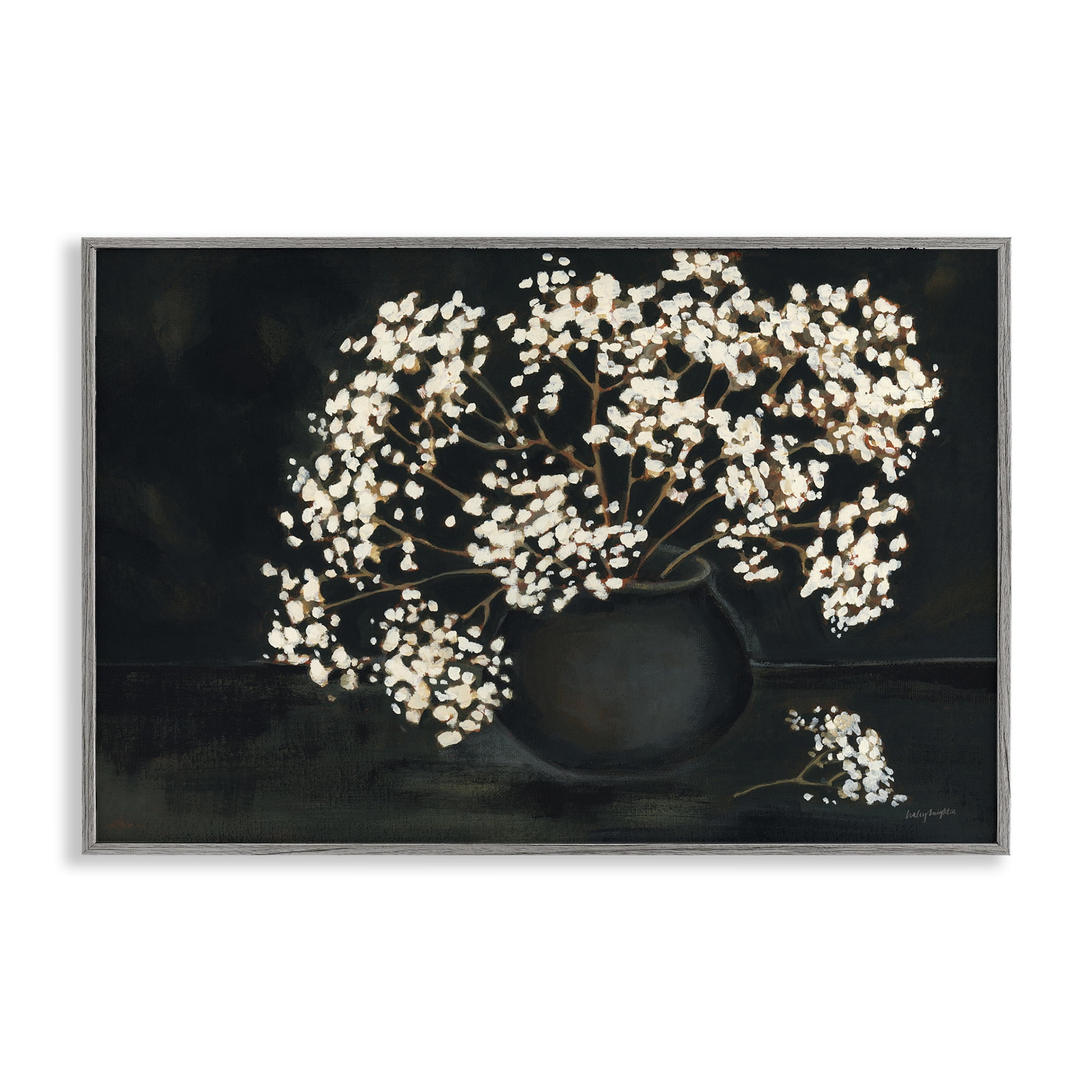 Stupell Industries Baby's Breath on Black Botanical & Floral Painting Gray Framed Art Print Wall Art, 24 x 16