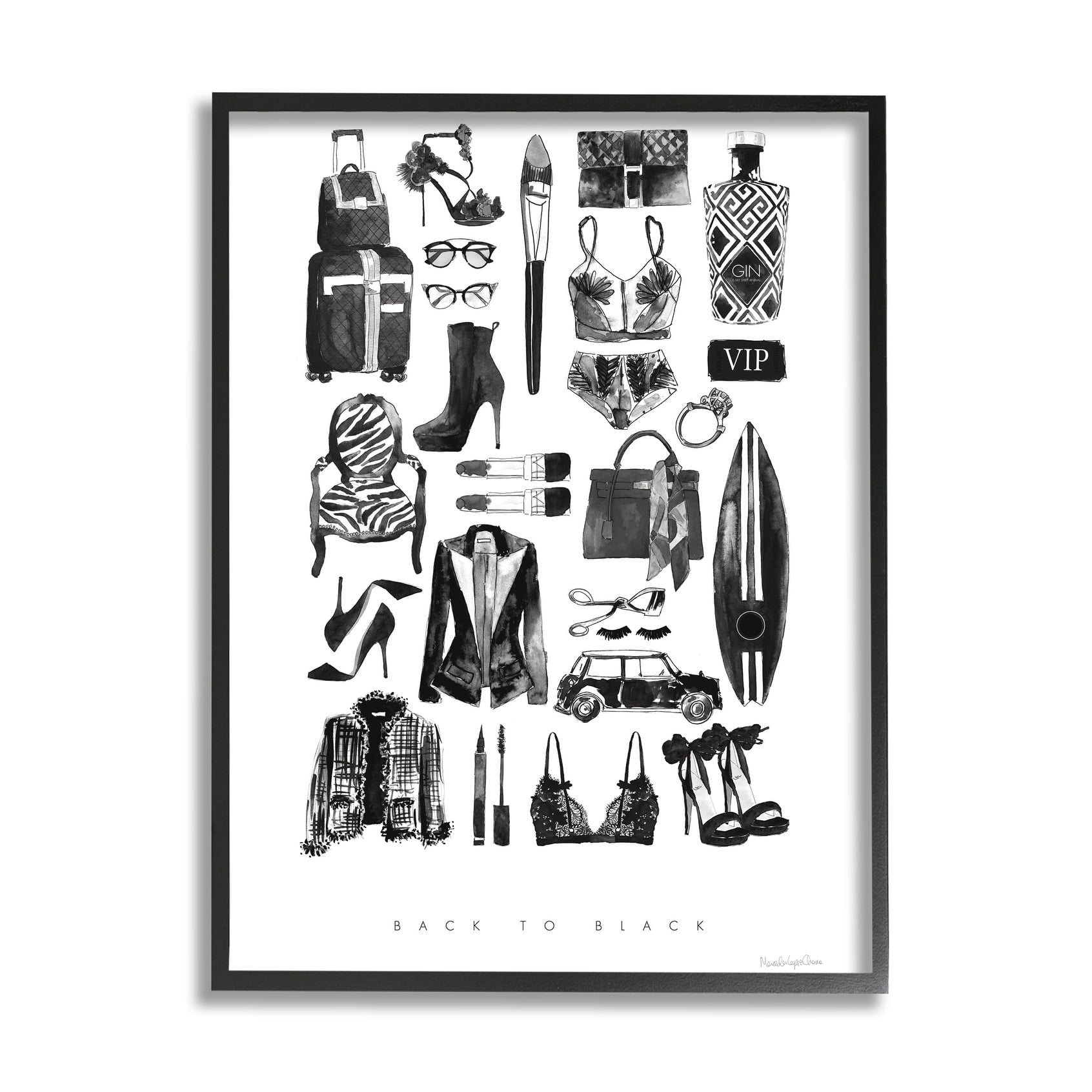 Stupell Industries Back to Black Quote Glam Fashion Mood Board Black Framed, 24 x 30, Design by Mercedes Lopez Charro