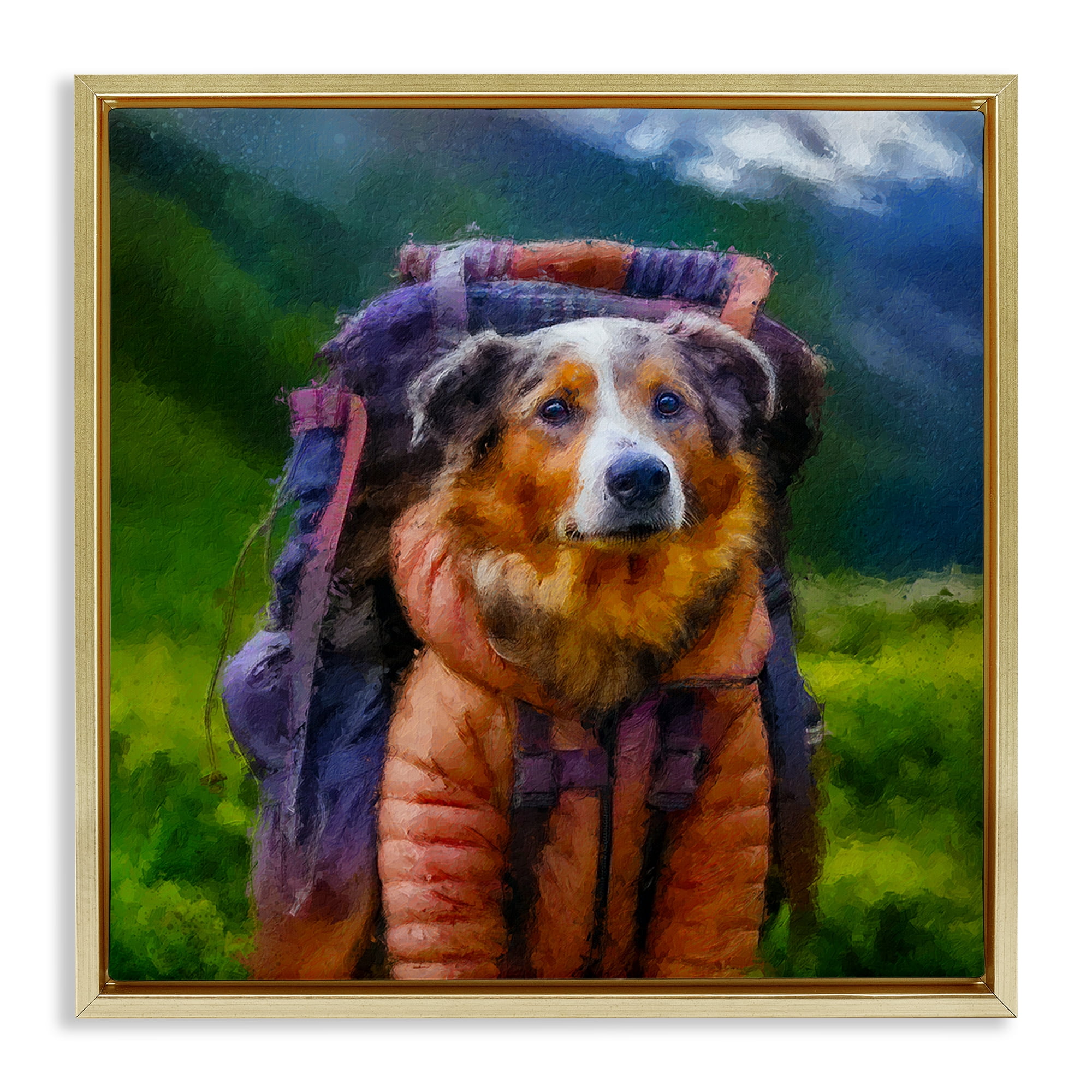 Stupell Industries Backpacking Hiker Dog Gold Framed Floater Canvas Wall Art, design by Sean Parnell