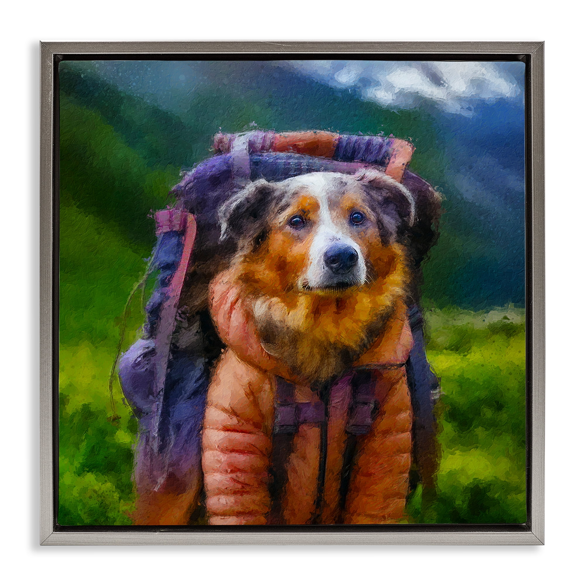 Stupell Industries Backpacking Hiker Dog Gray Framed Floater Canvas Wall Art, design by Sean Parnell