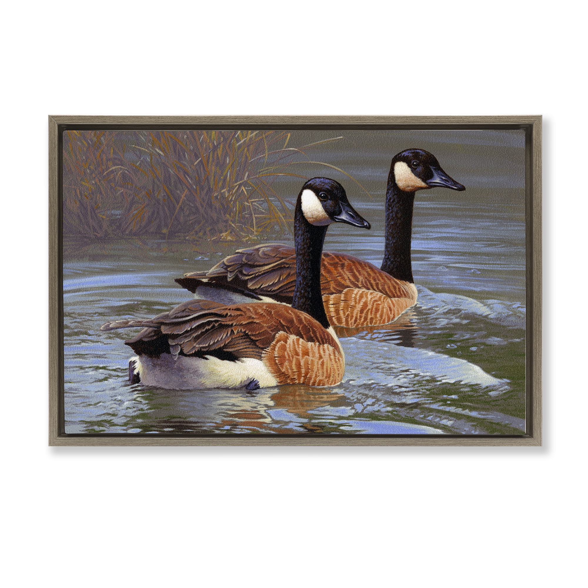 Stupell Industries Backwater Canada Geese Animals Painting Brown Floater Framed Canvas Art Print Wall Art, 31 x 21