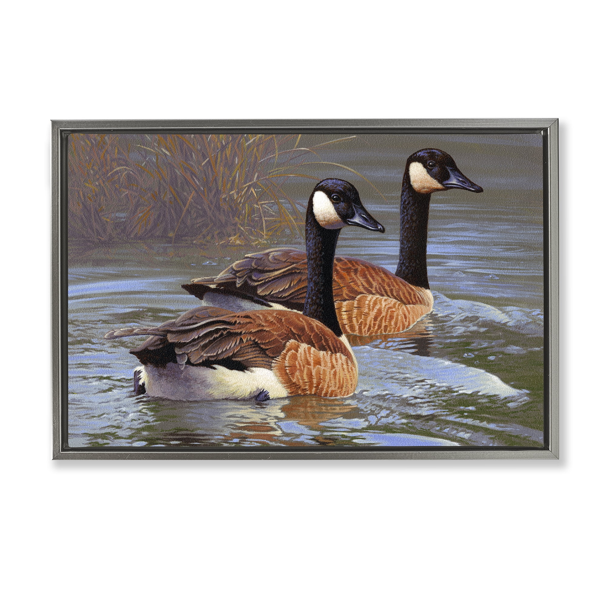Stupell Industries Backwater Canada Geese Animals Painting Gray Floater Framed Canvas Art Print Wall Art, 25 x 17