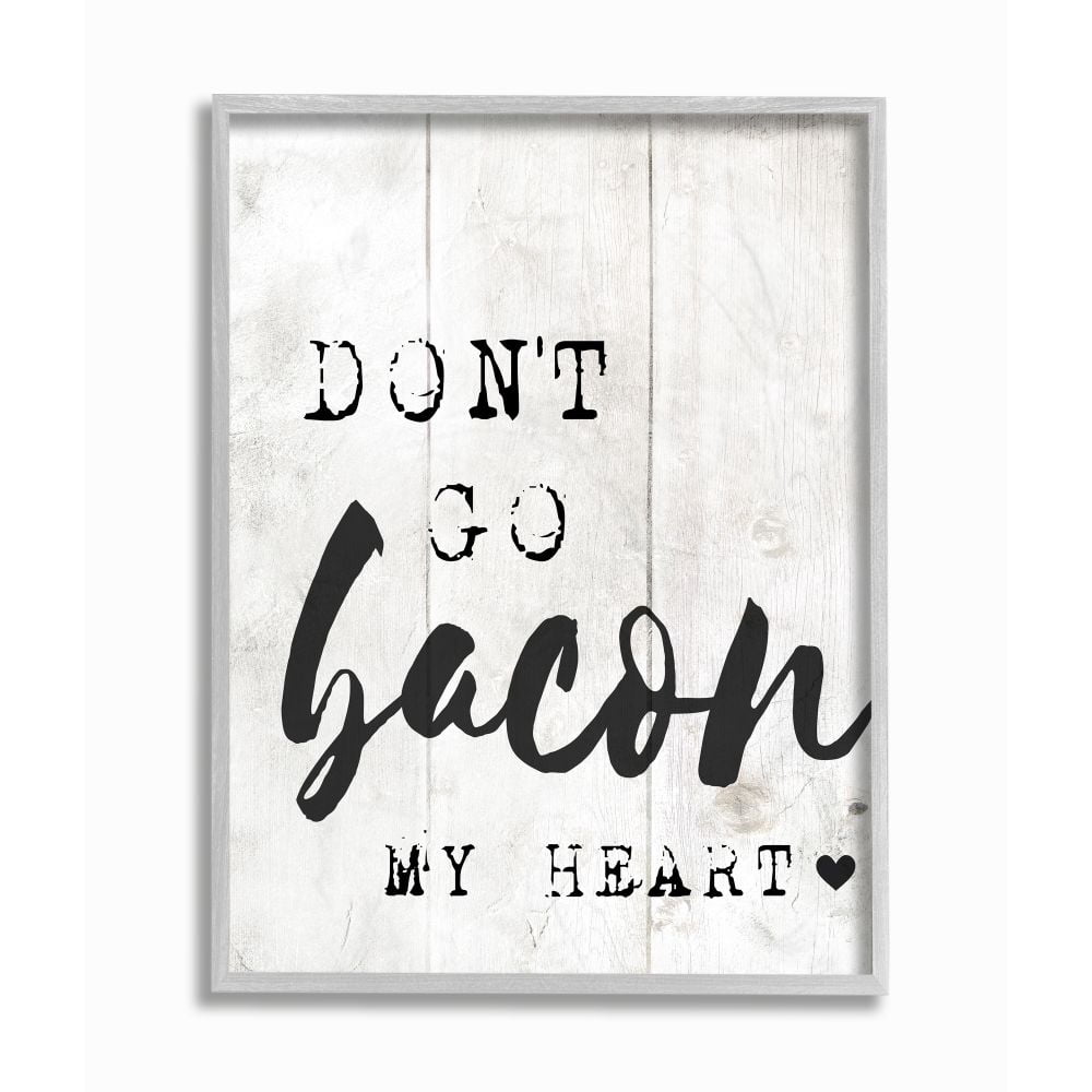 Stupell Industries Bacon My Heart Funny Word Kitchen Dining Room Wood Textured Design Gray Farmhouse Rustic Framed Giclee Texturized Art by Daphne Polselli
