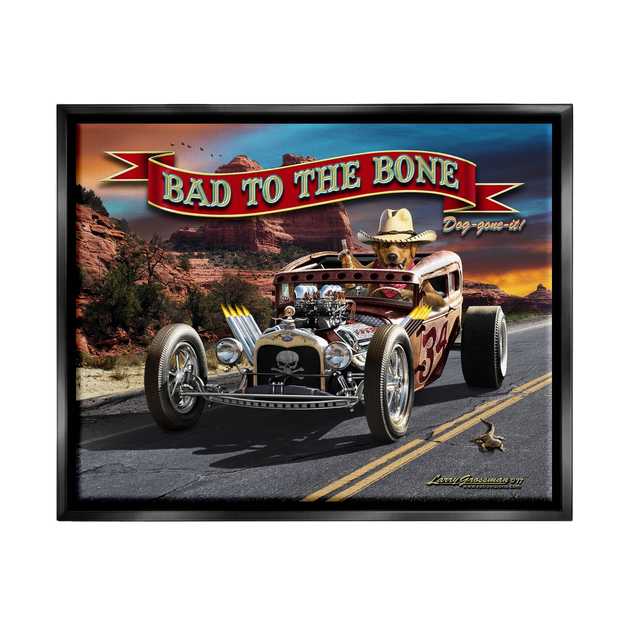 Stupell Industries Bad to the Bone Dog Transportation Painting Black Floater Framed Canvas Art Print Wall Art, 31 x 25