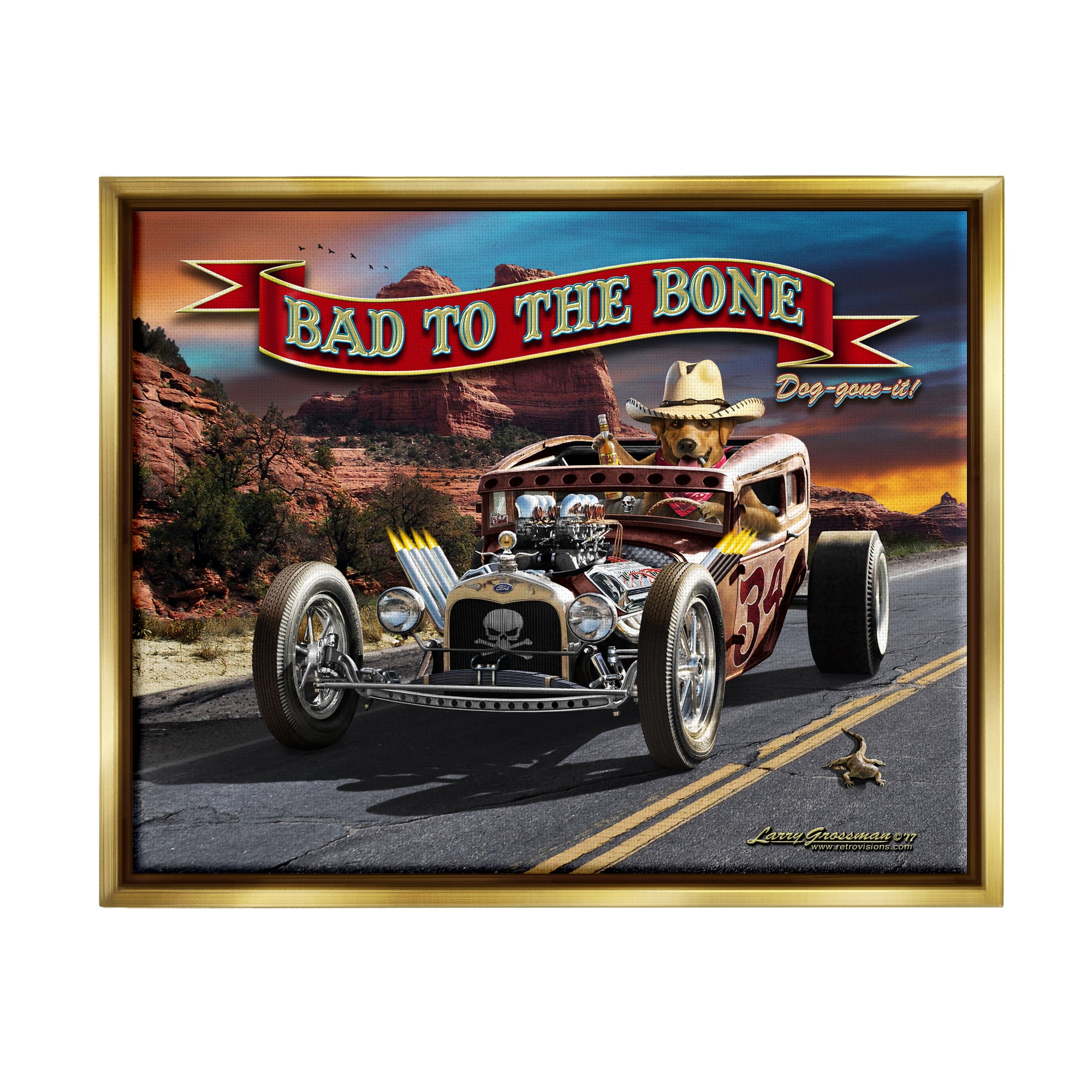 Stupell Industries Bad to the Bone Dog Transportation Painting Gold Floater Framed Canvas Art Print Wall Art, 31 x 25