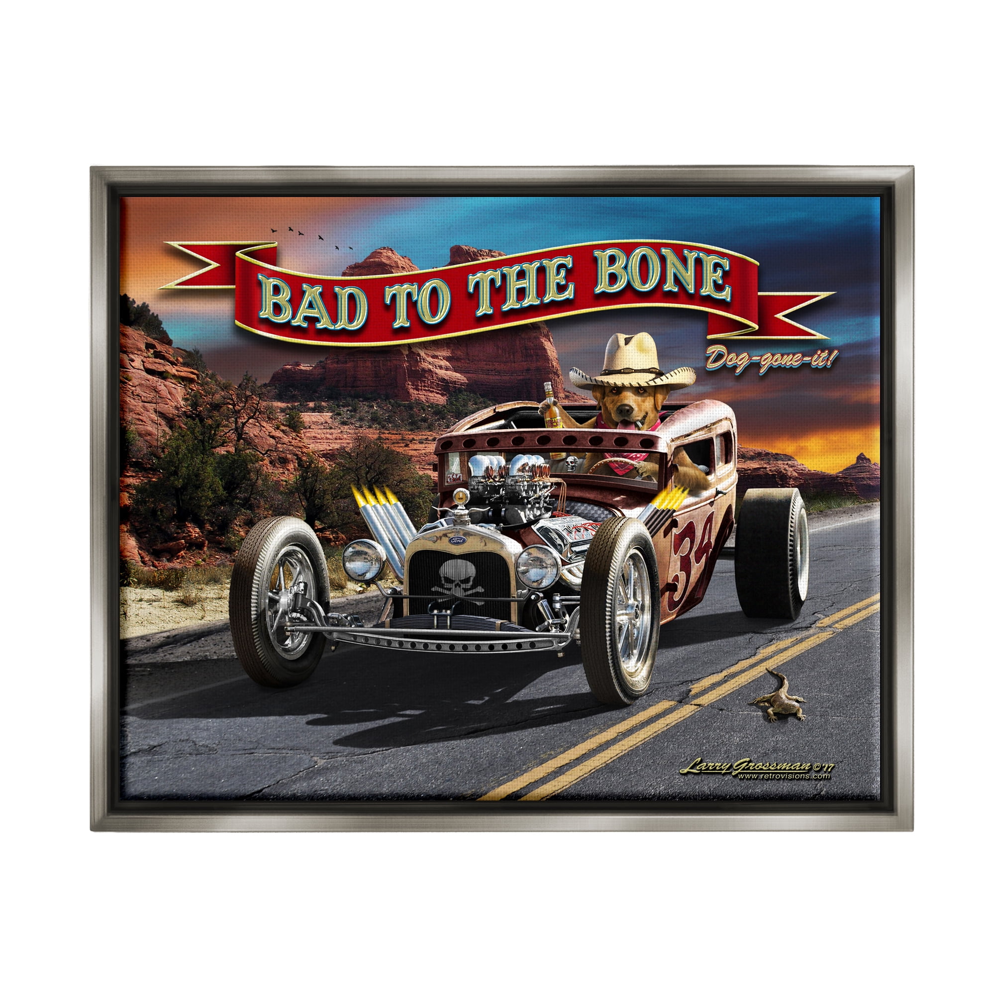 Stupell Industries Bad to the Bone Dog Transportation Painting Gray Floater Framed Canvas Art Print Wall Art, 31 x 25