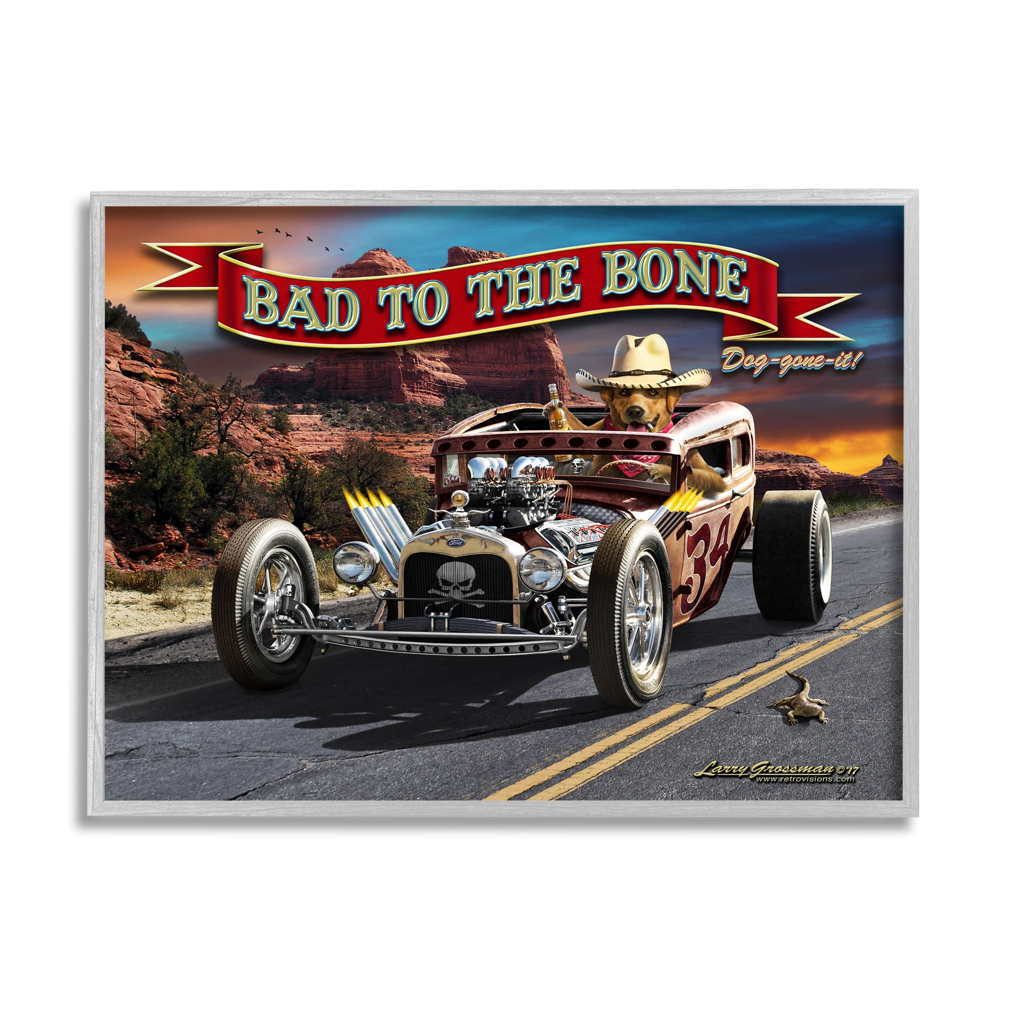 Stupell Industries Bad to the Bone Dog Transportation Painting Gray Framed Art Print Wall Art, 20 x 16