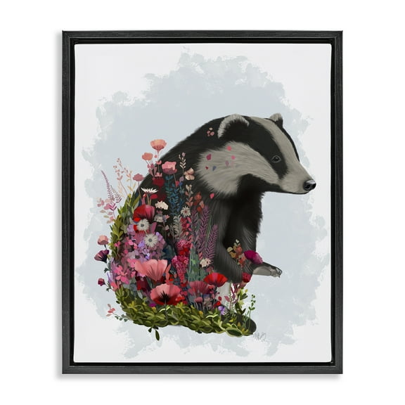 Stupell Industries Badger with Garden Blooms Botanical & Floral Painting Black Floater Framed Canvas Art Print Wall Art, 17 x 21