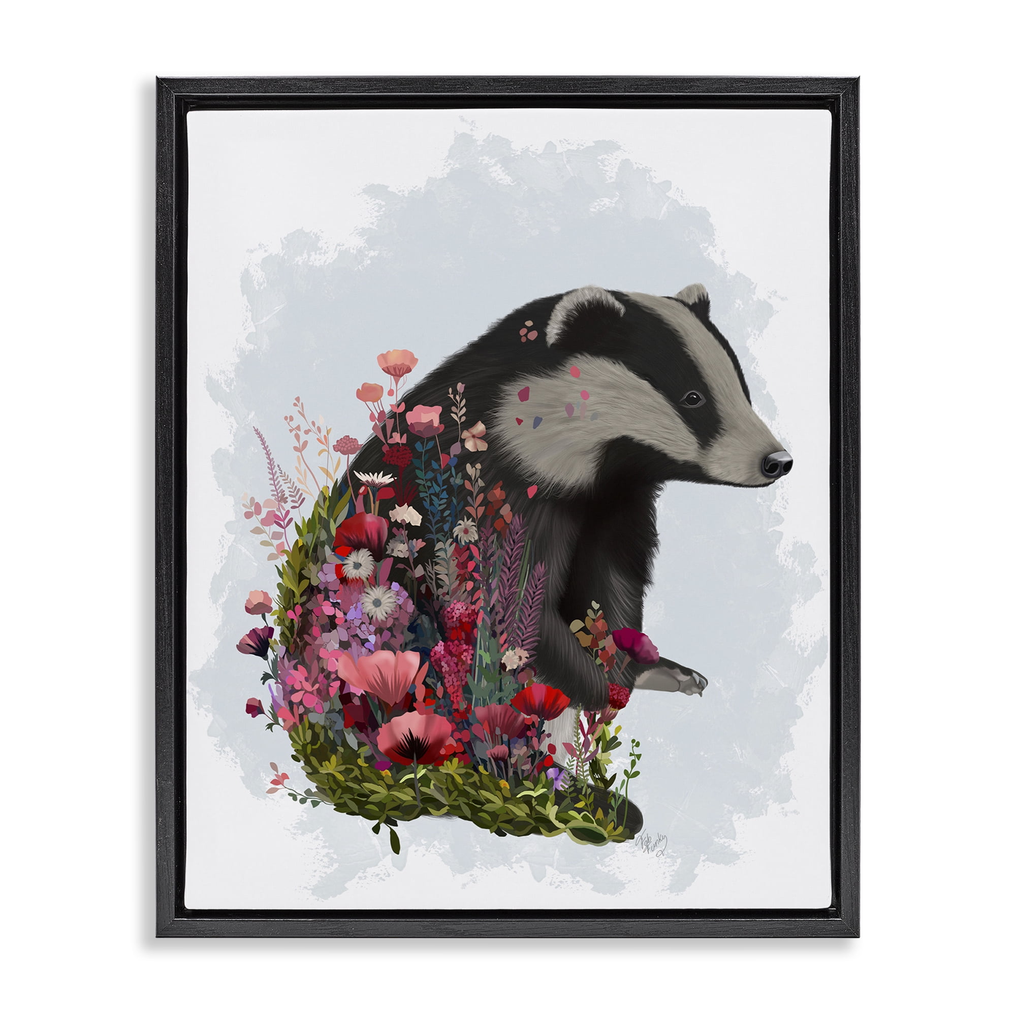 Stupell Industries Badger with Garden Blooms Botanical & Floral Painting Black Floater Framed Canvas Art Print Wall Art, 25 x 31