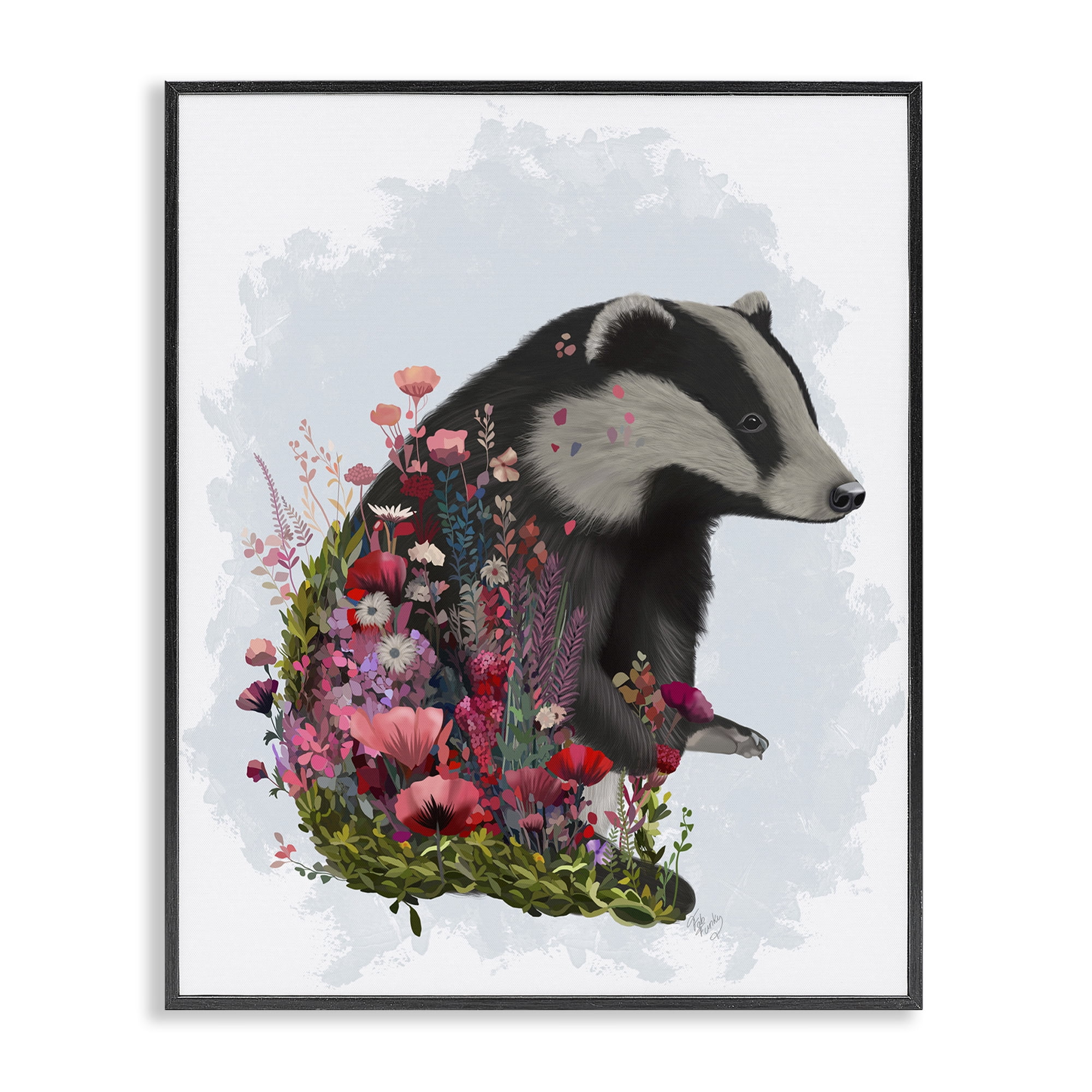 Stupell Industries Badger with Garden Blooms Botanical & Floral Painting Black Framed Art Print Wall Art, 16 x 20