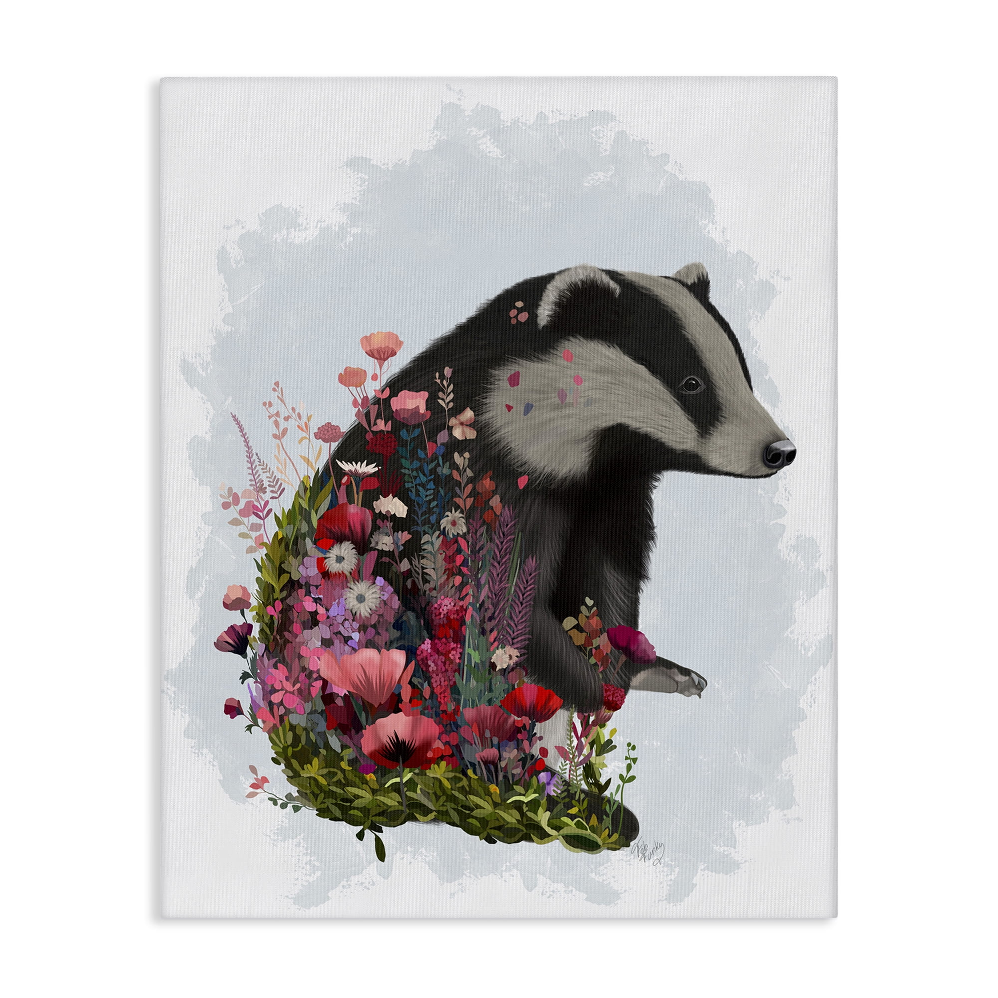 Stupell Industries Badger with Garden Blooms Botanical & Floral Painting Gallery Wrapped Canvas Art Print Wall Art, 16 x 20