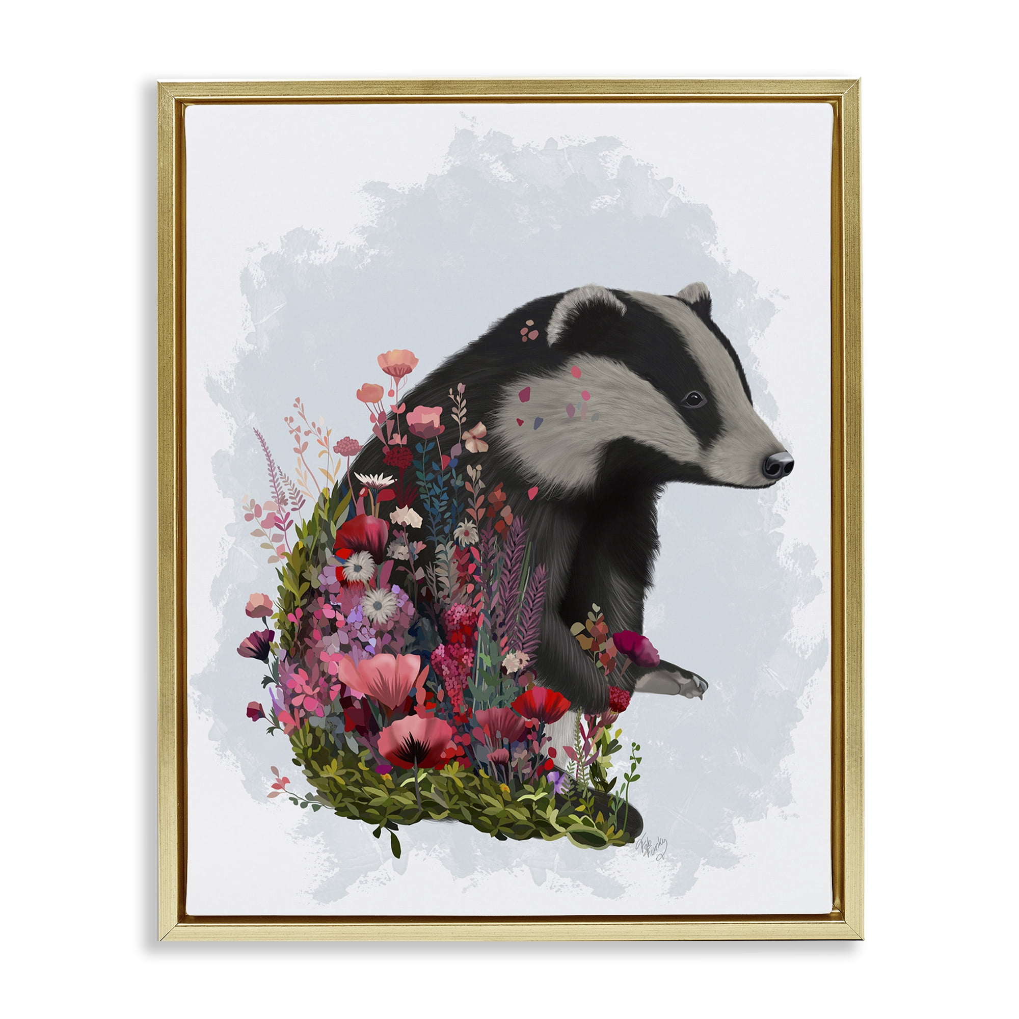 Stupell Industries Badger with Garden Blooms Botanical & Floral Painting Gold Floater Framed Canvas Art Print Wall Art, 25 x 31