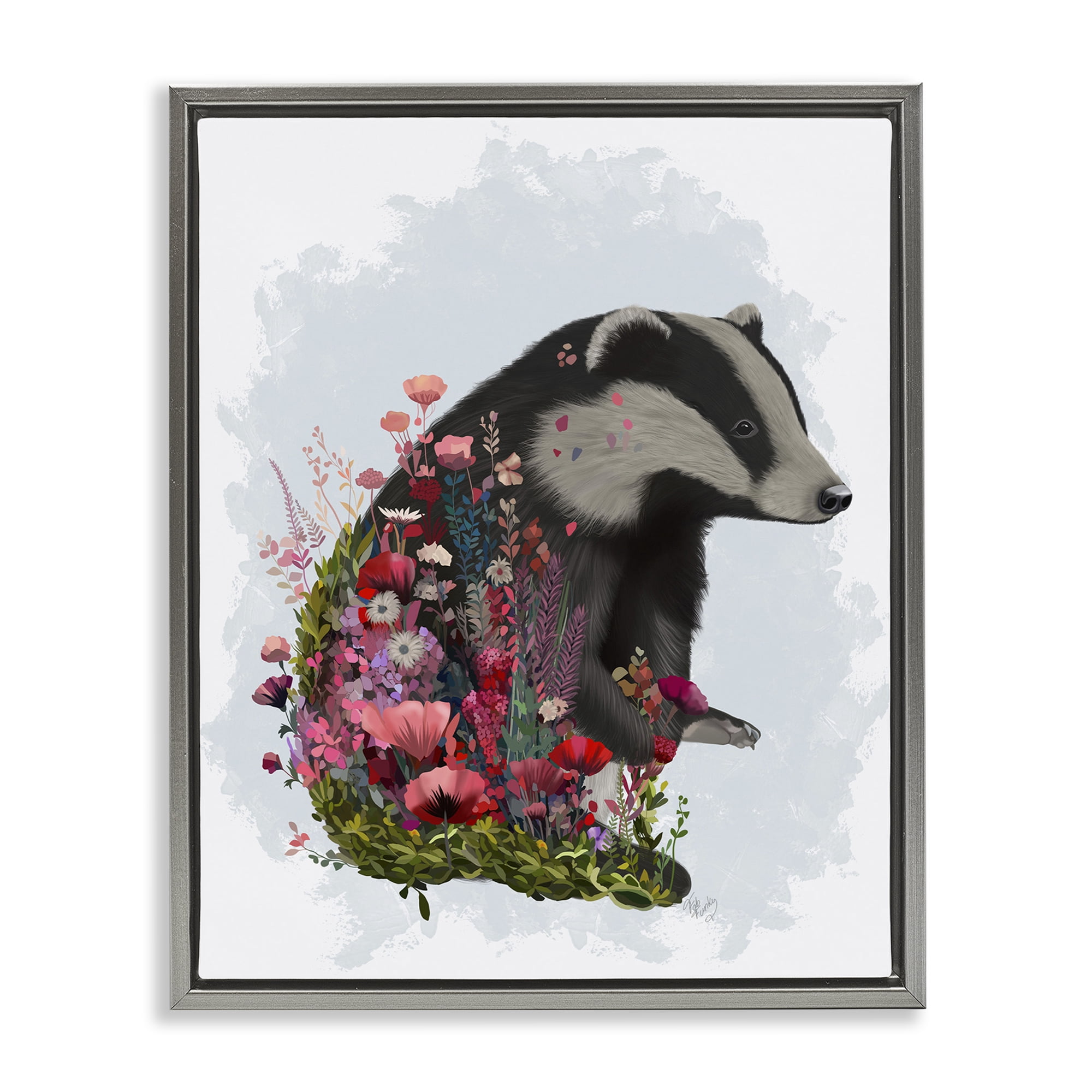 Stupell Industries Badger with Garden Blooms Botanical & Floral Painting Gray Floater Framed Canvas Art Print Wall Art, 17 x 21