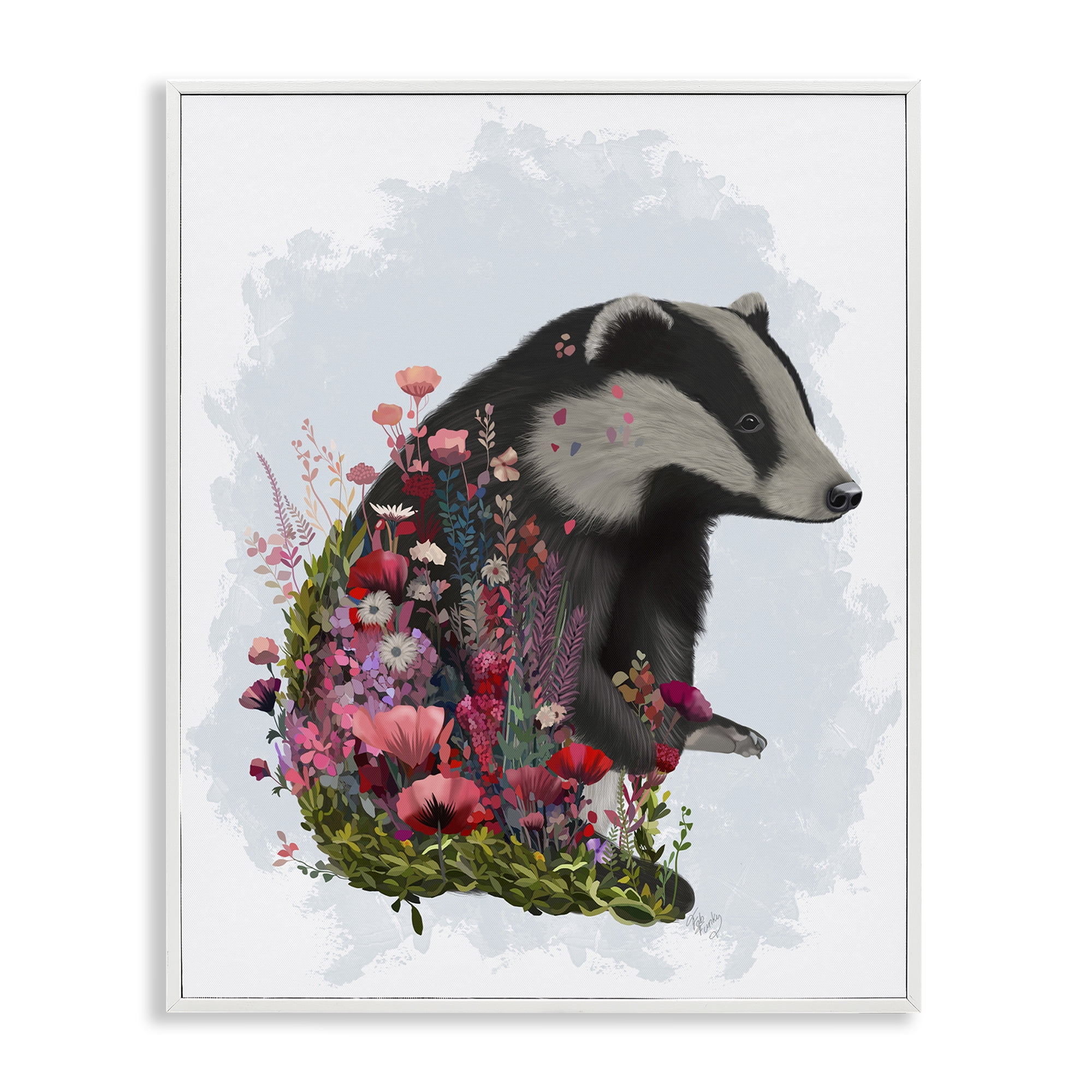 Stupell Industries Badger with Garden Blooms Botanical & Floral Painting White Framed Art Print Wall Art, 11 x 14