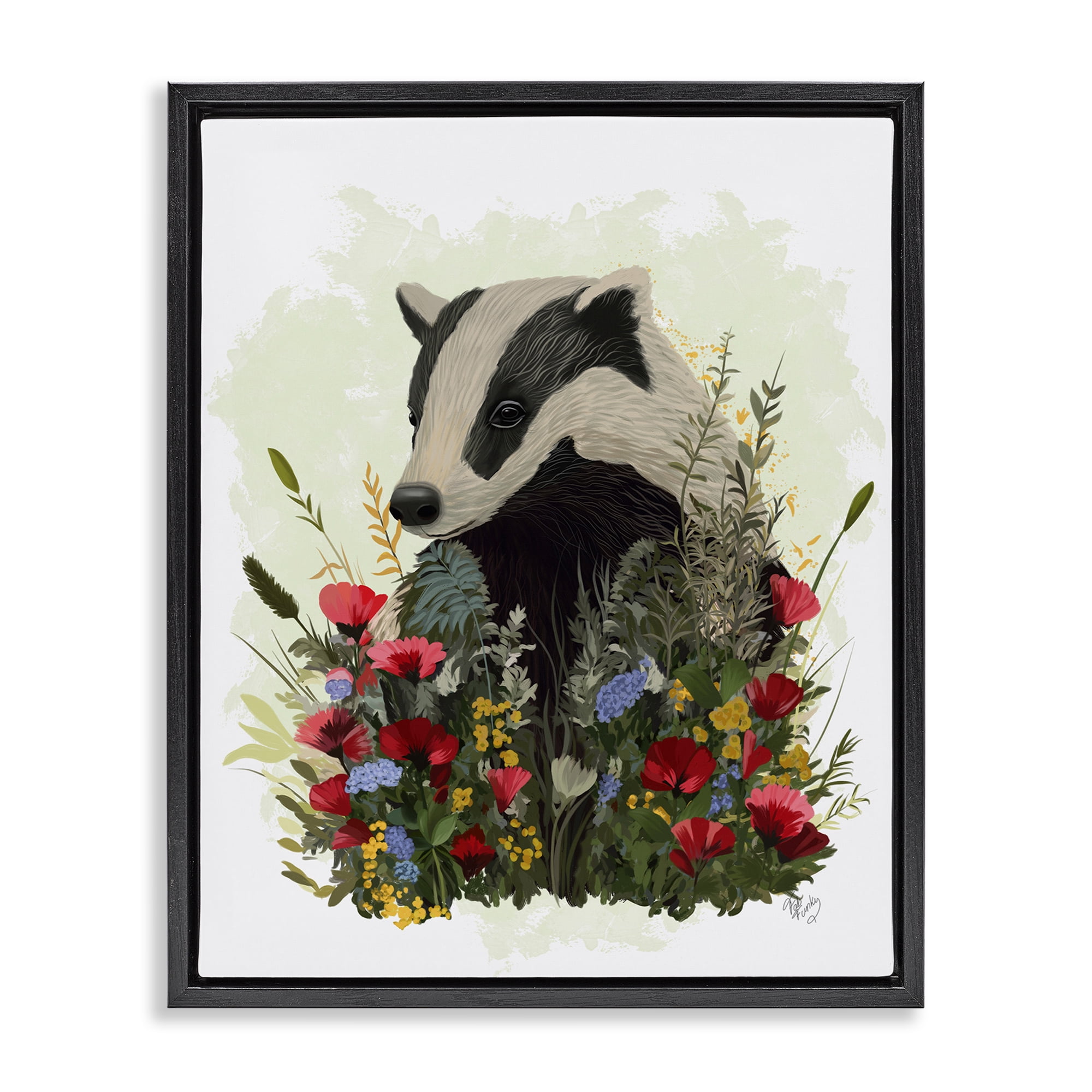Stupell Industries Badger with Poppy Blossoms Animals & Insects Painting Black Floater Framed Canvas Art Print Wall Art, 25 x 31