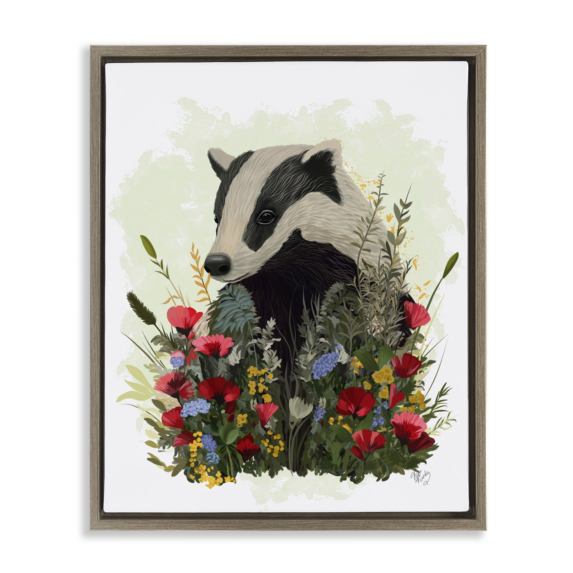 Stupell Industries Badger with Poppy Blossoms Animals & Insects Painting Brown Floater Framed Canvas Art Print Wall Art, 17 x 21