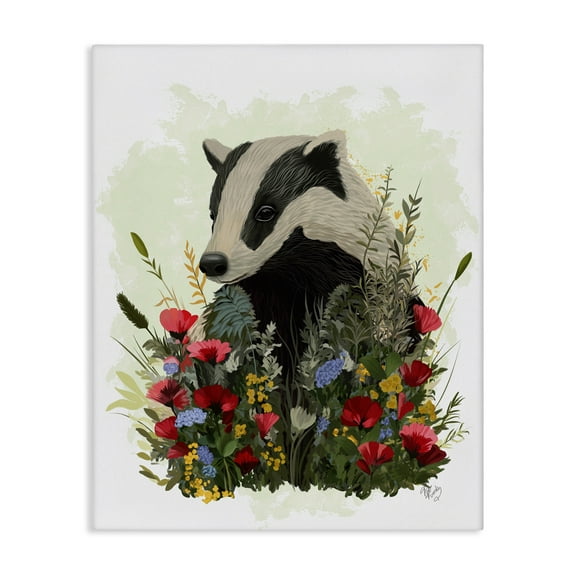 Stupell Industries Badger with Poppy Blossoms Animals & Insects Painting Gallery Wrapped Canvas Art Print Wall Art, 16 x 20