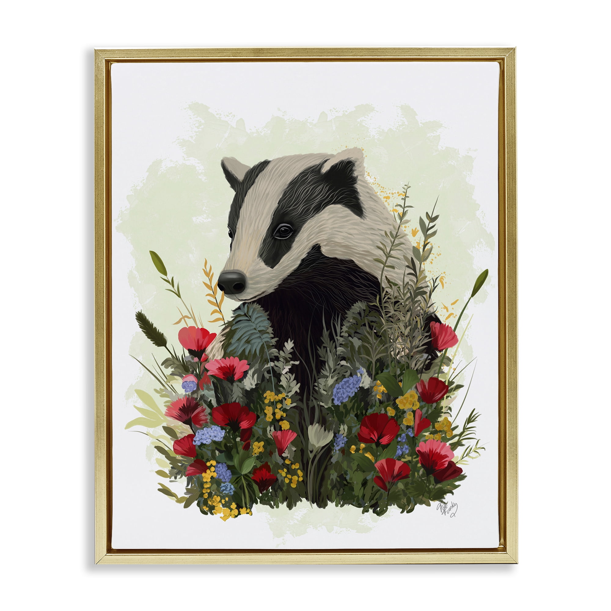 Stupell Industries Badger with Poppy Blossoms Animals & Insects Painting Gold Floater Framed Canvas Art Print Wall Art, 17 x 21