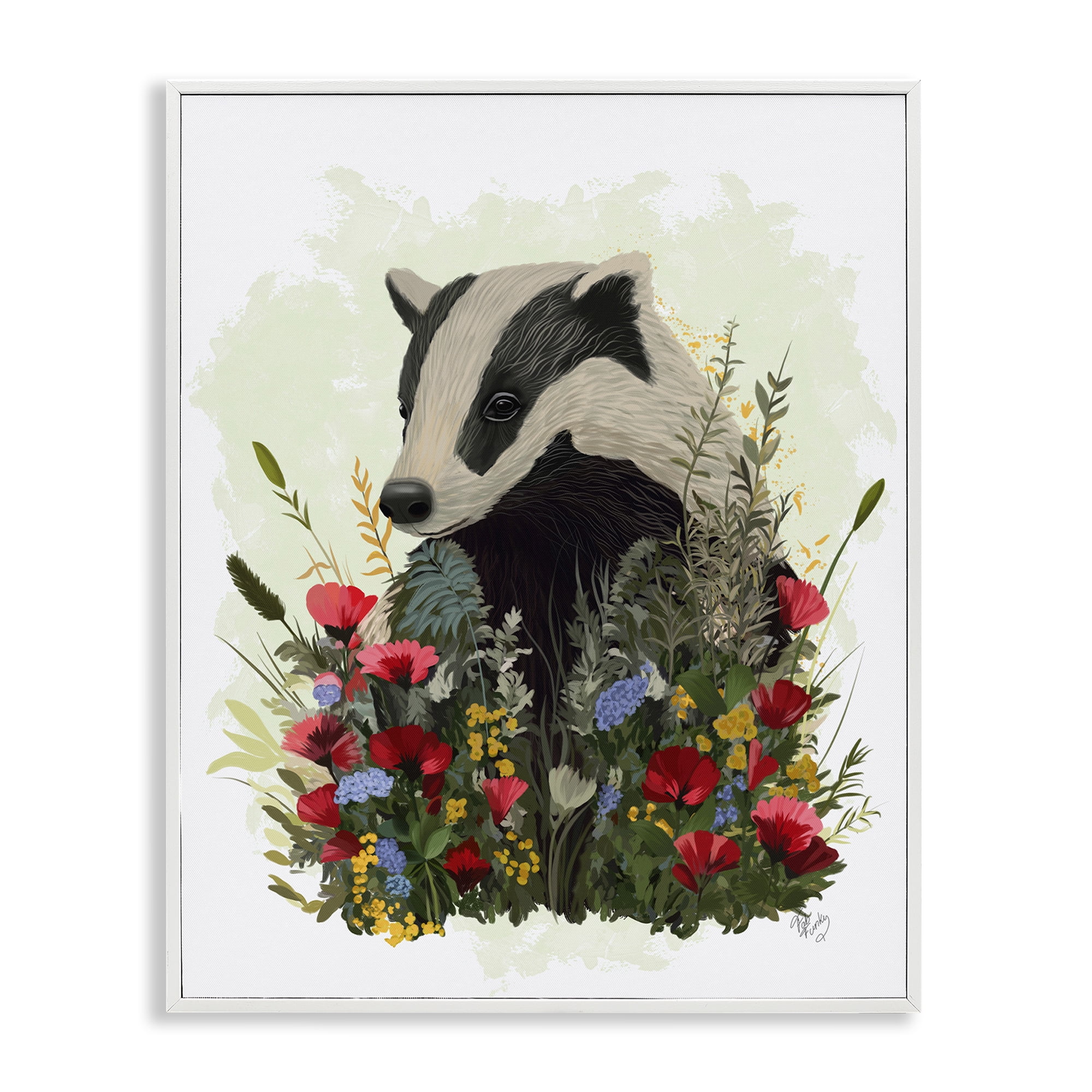 Stupell Industries Badger with Poppy Blossoms Animals & Insects Painting White Framed Art Print Wall Art, 11 x 14