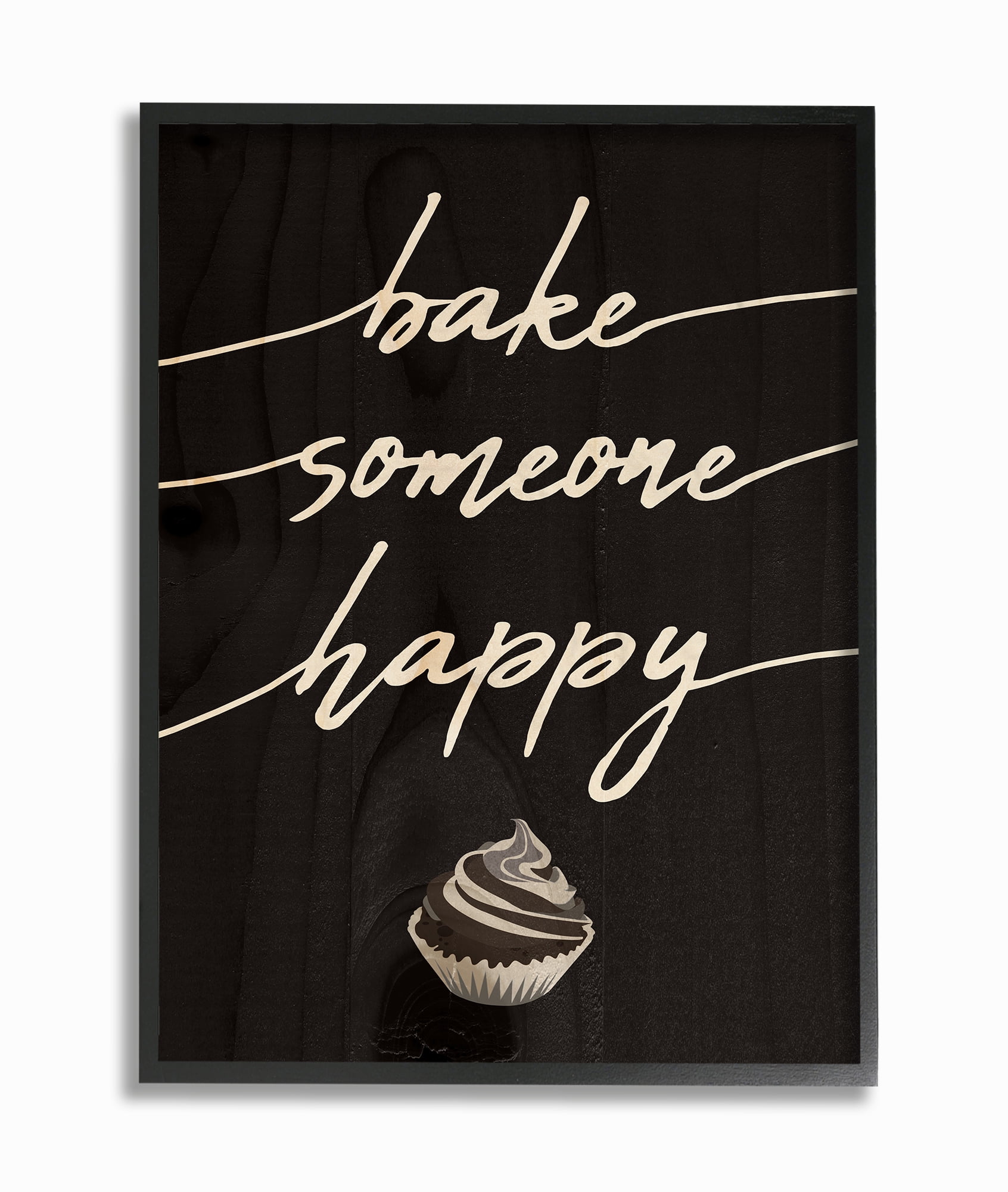 Stupell Industries Bake Someone Happy Cupcake Script Typography Novelty Painting Black Framed Art Print Wall Art, 16 x 20