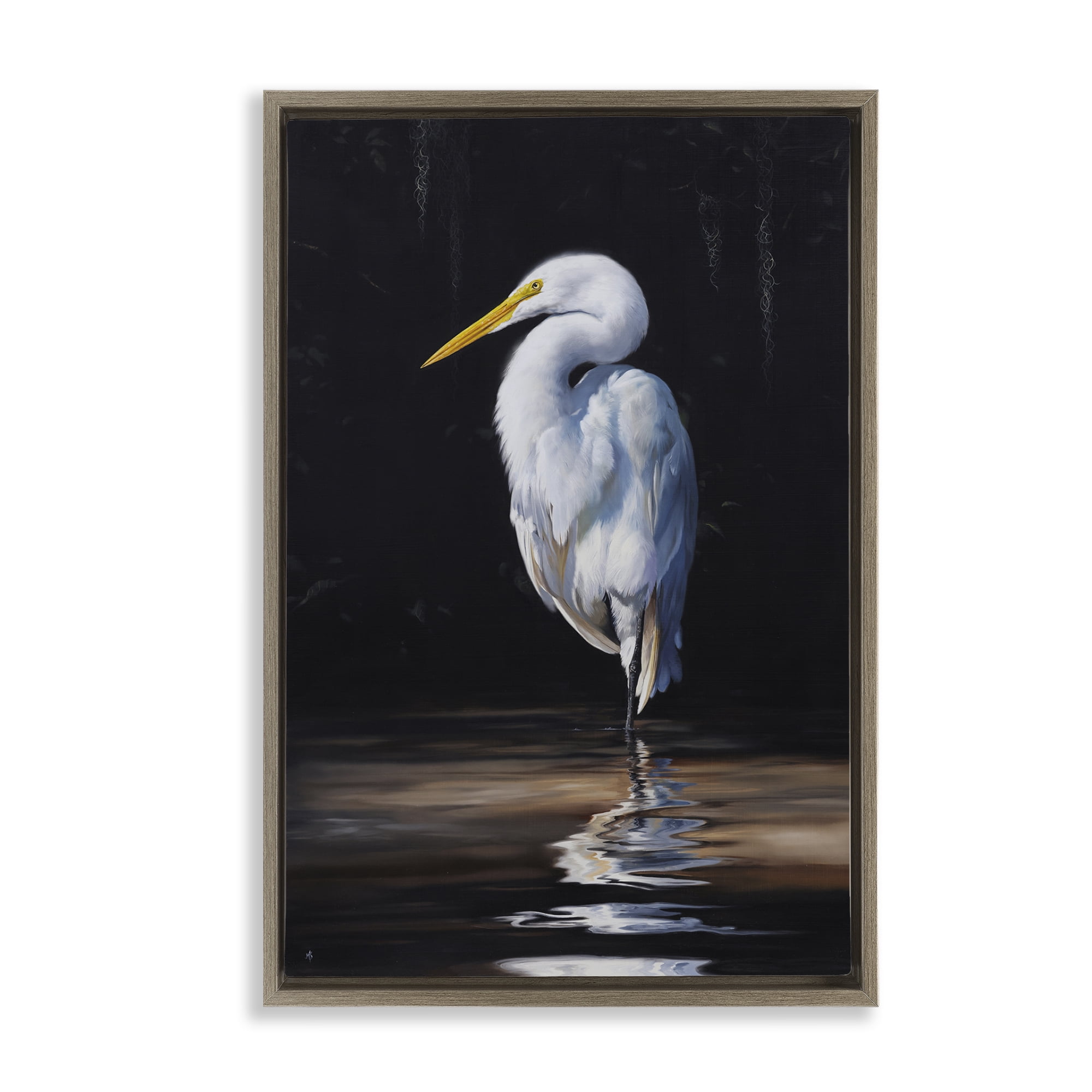 Stupell Industries Balancing Egret Bird Animals Painting Brown Floater Framed Canvas Art Print Wall Art, 17 x 25