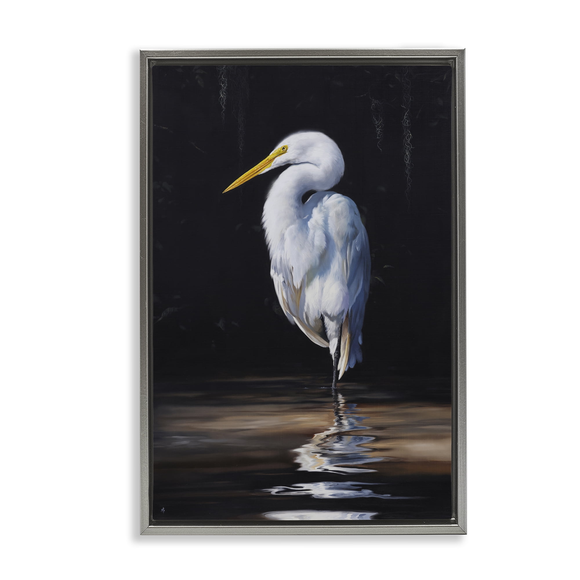 Stupell Industries Balancing Egret Bird Animals Painting Gray Floater Framed Canvas Art Print Wall Art, 21 x 31