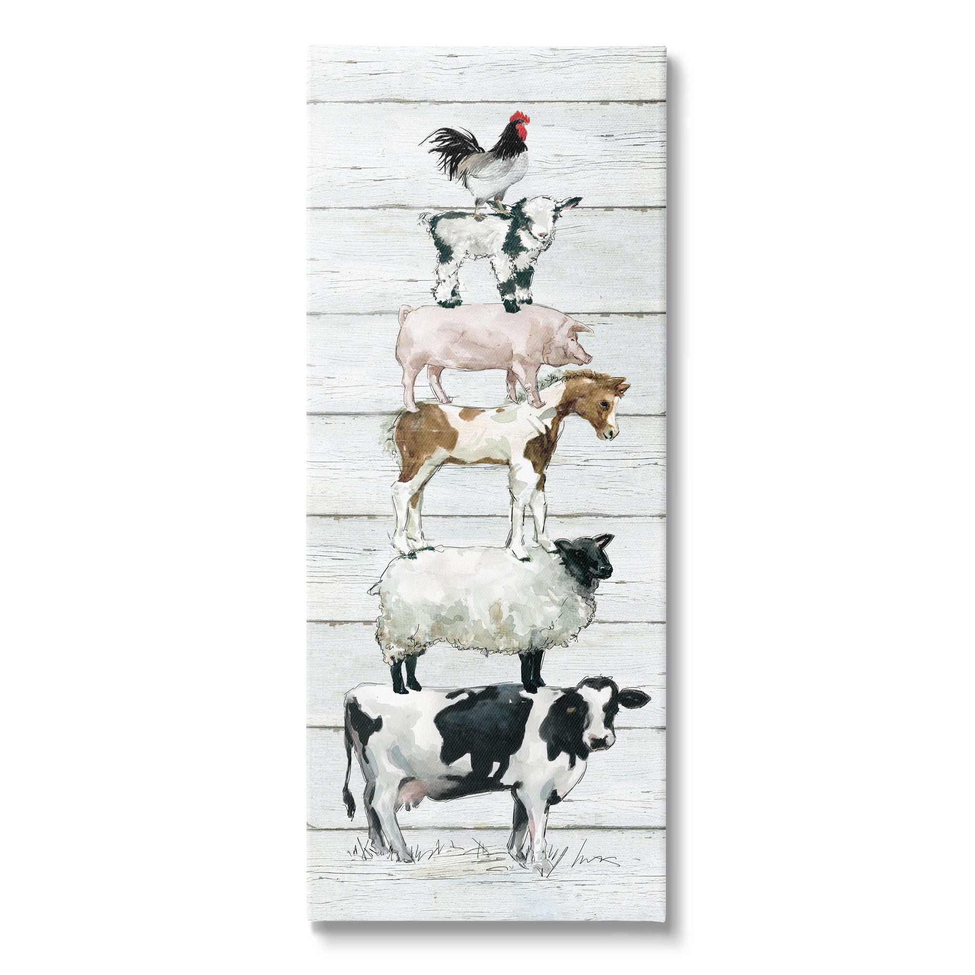 Stupell Industries Balancing Farm Animals Rustic White Plank Pattern Graphic Art Gallery Wrapped Canvas Print Wall Art, Design by Carol Robinson