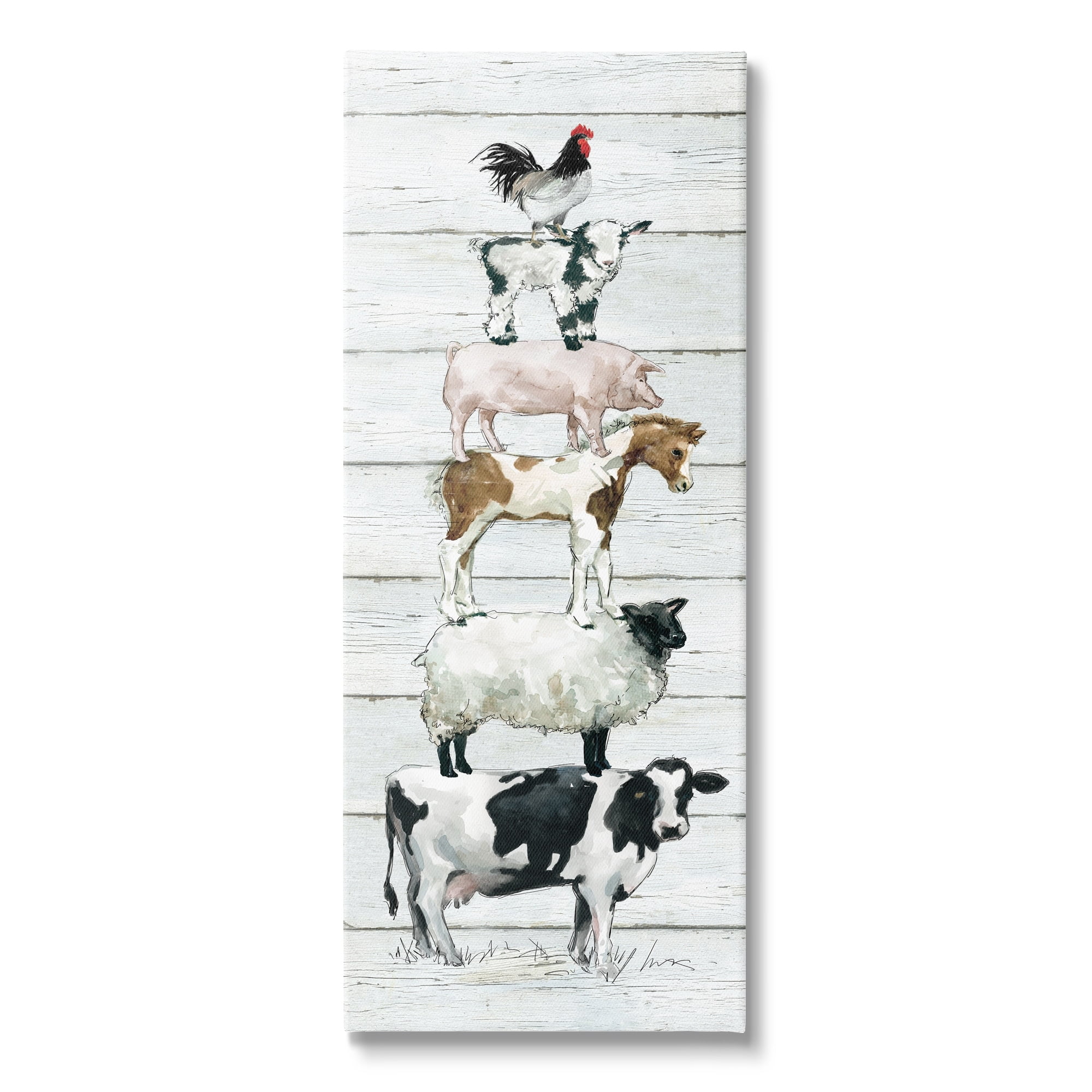 Stupell Industries Balancing Farm Animals Rustic White Plank Pattern Graphic Art Gallery Wrapped Canvas Print Wall Art, Design by Carol Robinson