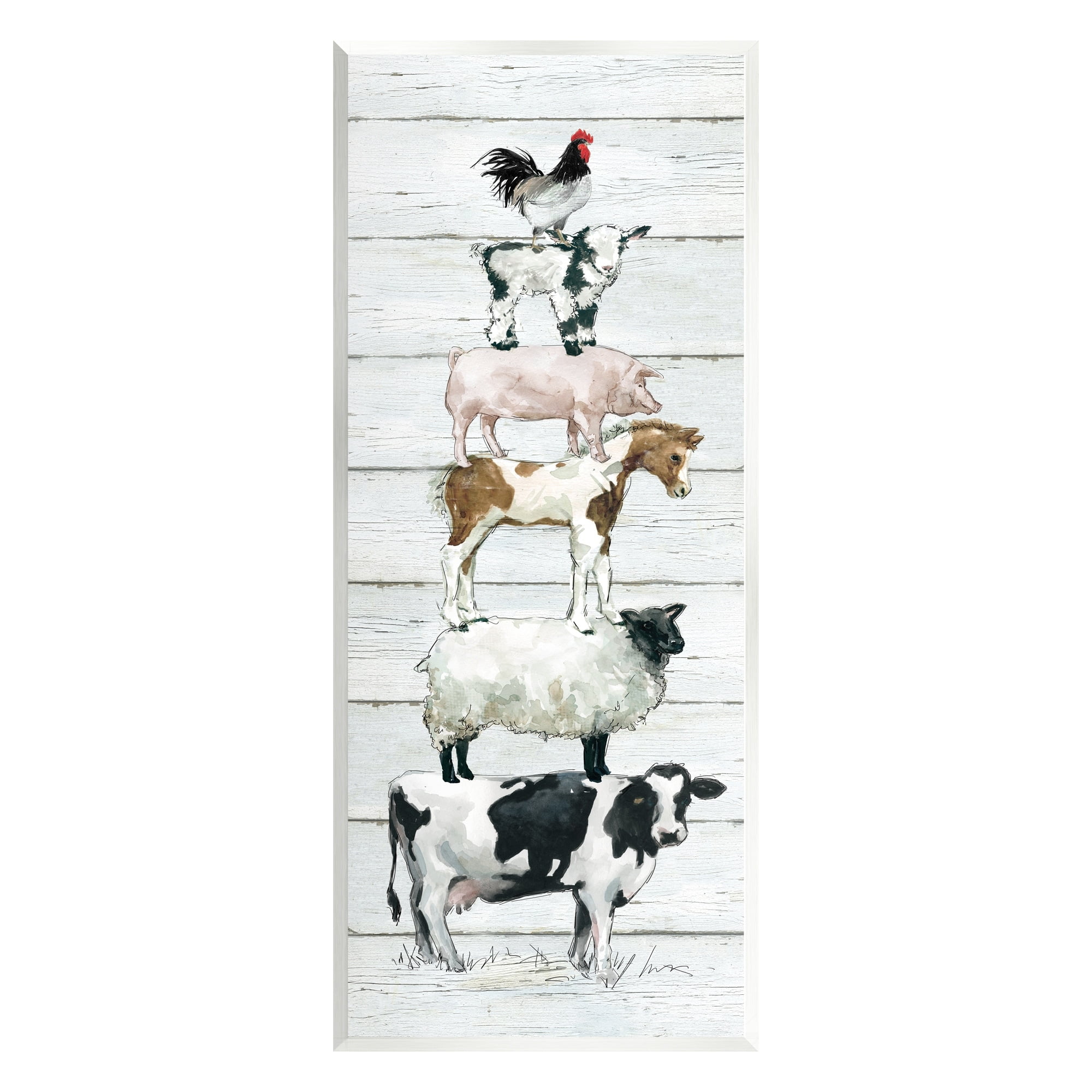 Stupell Industries Balancing Farm Animals Rustic White Plank Pattern Graphic Art Unframed Art Print Wall Art, Design by Carol Robinson