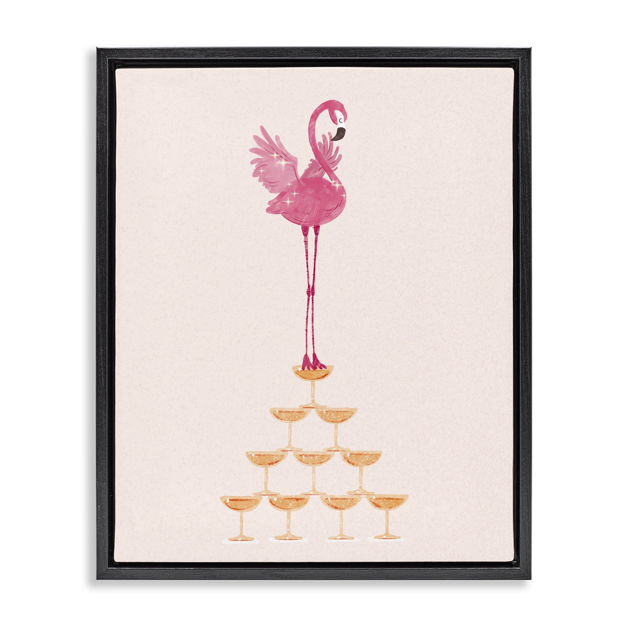 Stupell Industries Balancing Flamingo & Wine Novelty Painting Black Floater Framed Art Print Wall Art, 17 x 21