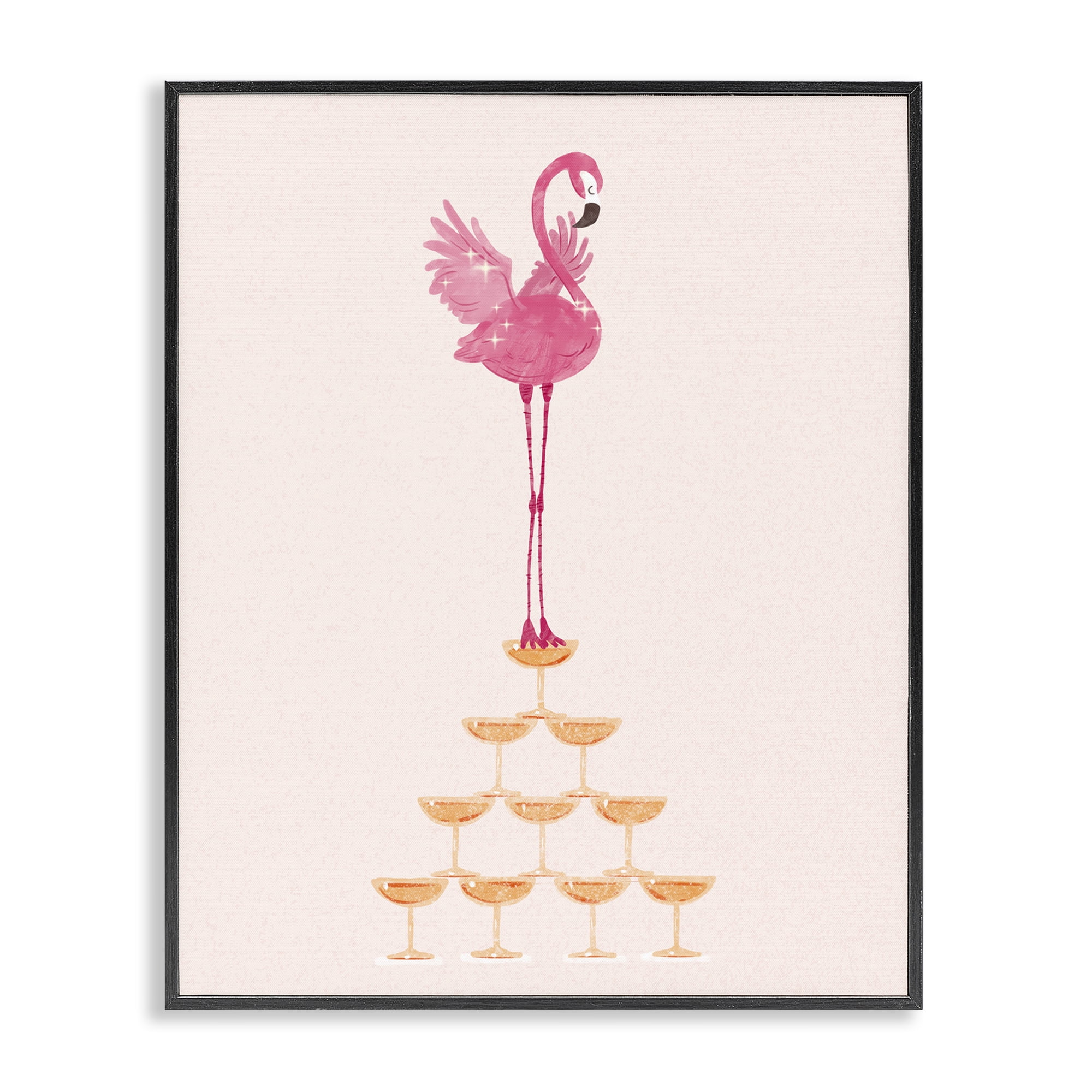 Stupell Industries Balancing Flamingo & Wine Novelty Painting Black Framed Art Print Wall Art, 16 x 20