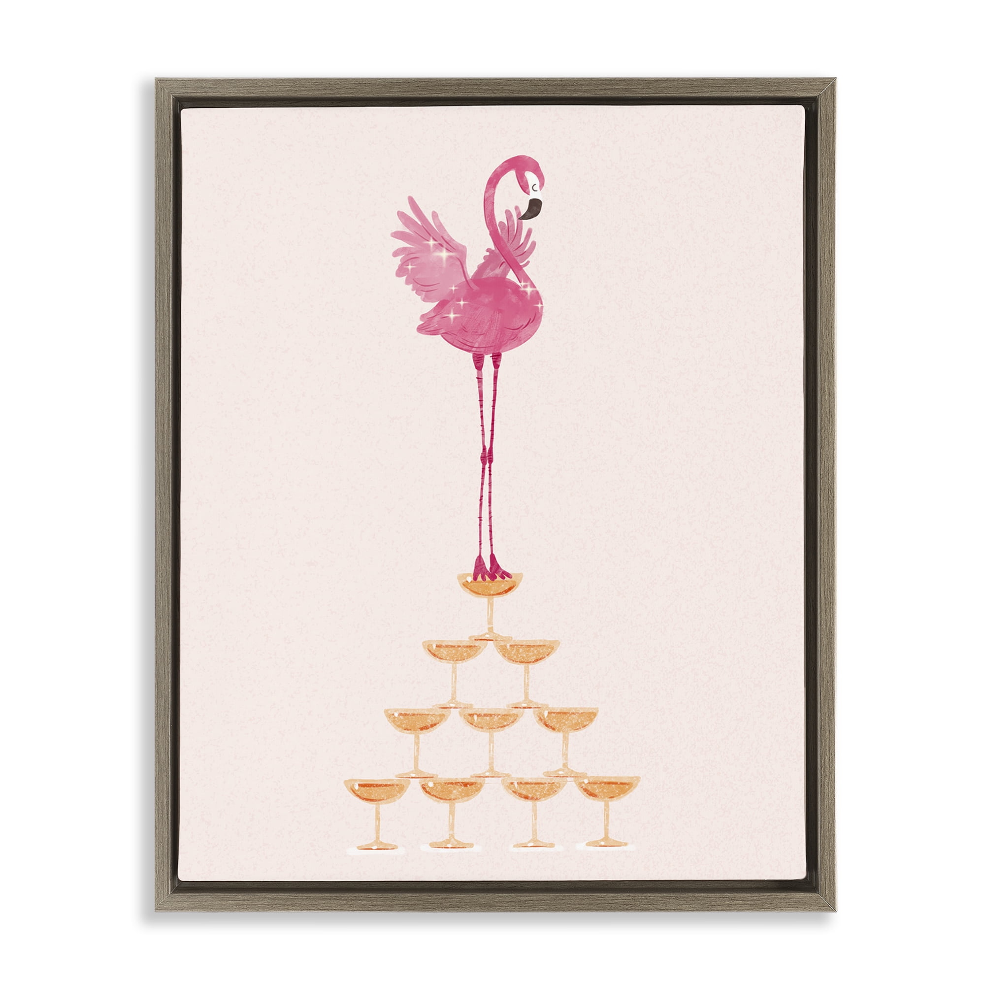 Stupell Industries Balancing Flamingo & Wine Novelty Painting Brown Floater Framed Art Print Wall Art, 17 x 21