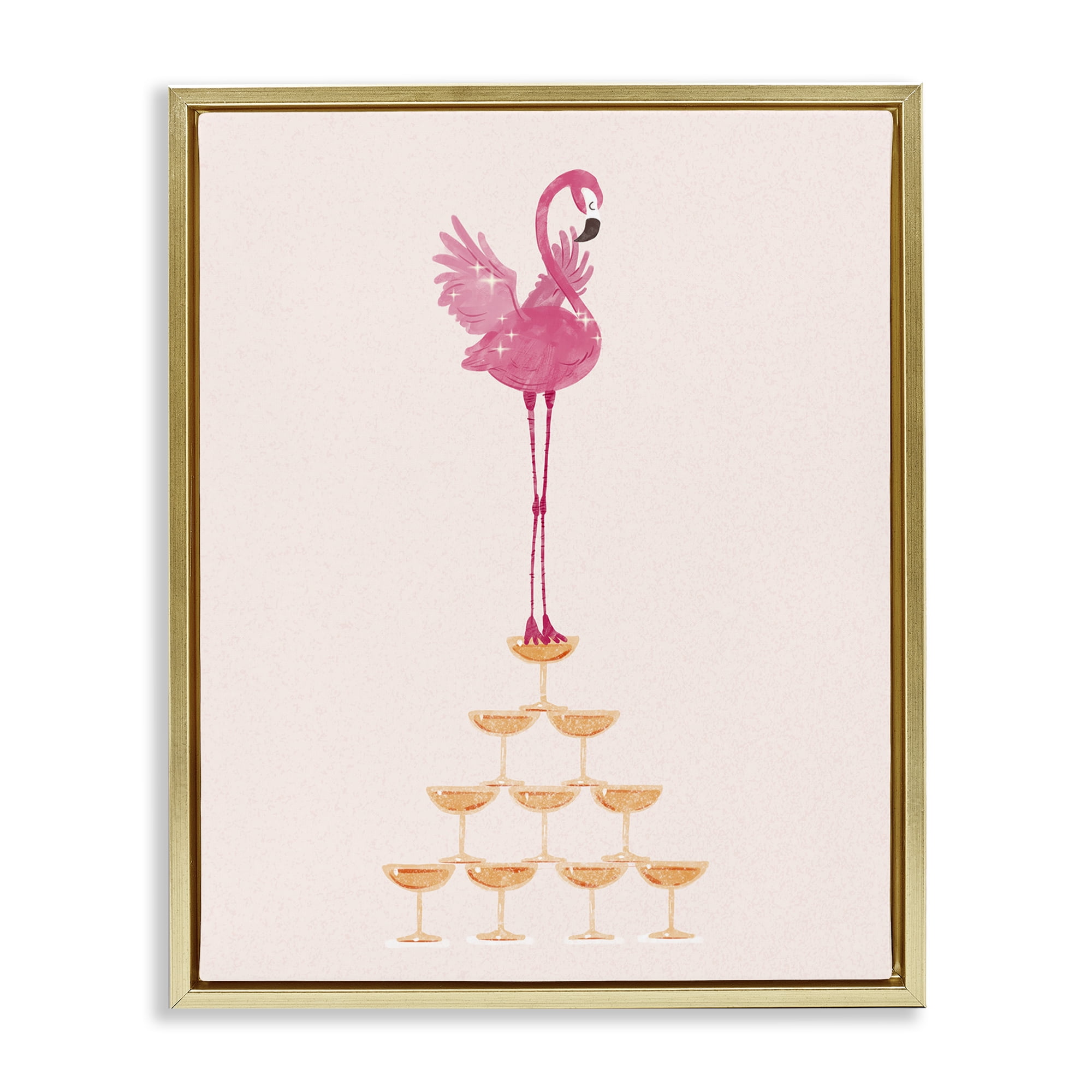 Stupell Industries Balancing Flamingo & Wine Novelty Painting Gold Floater Framed Art Print Wall Art, 17 x 21