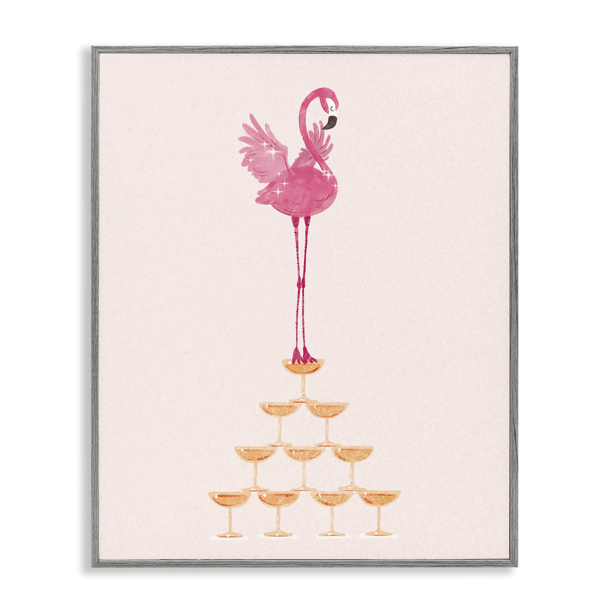 Stupell Industries Balancing Flamingo & Wine Novelty Painting Gray Framed Art Print Wall Art, 16 x 20