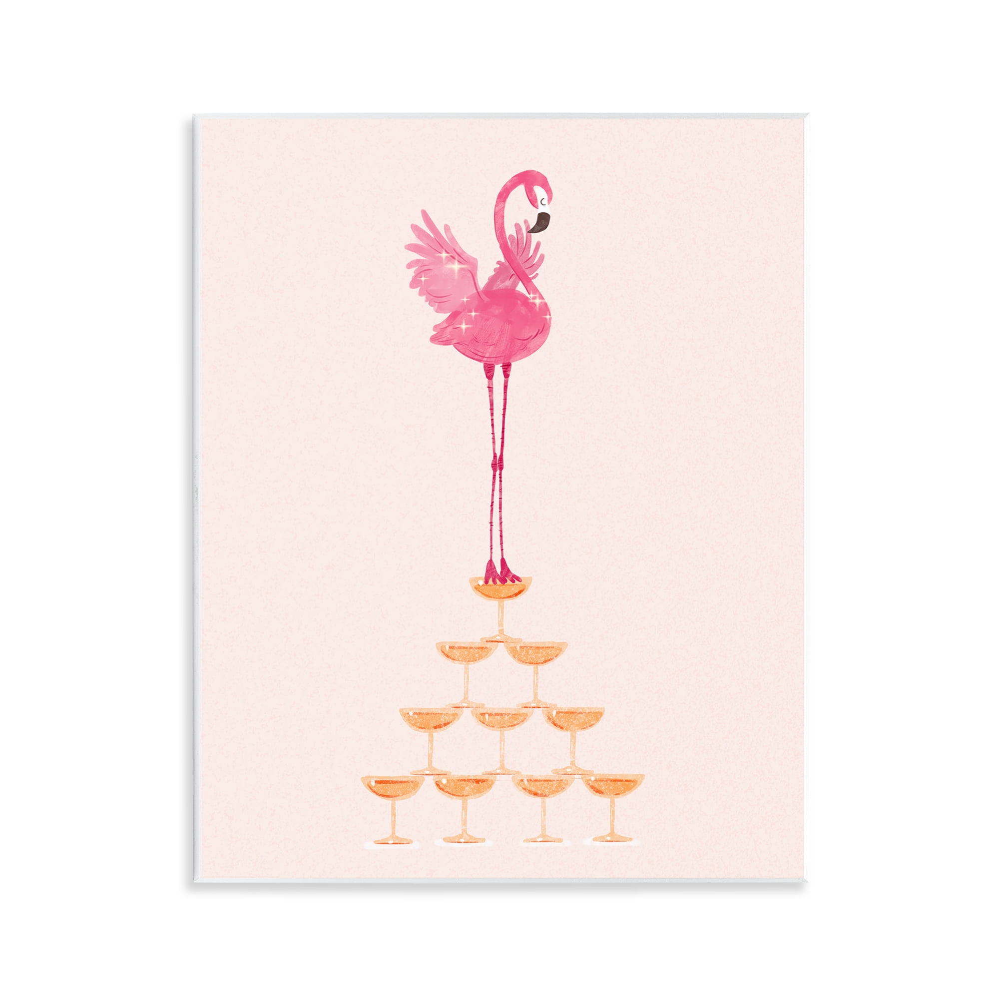 Pink Flamingo Balancing on Champagne Glasses MDF Wall Art, 11 x 14