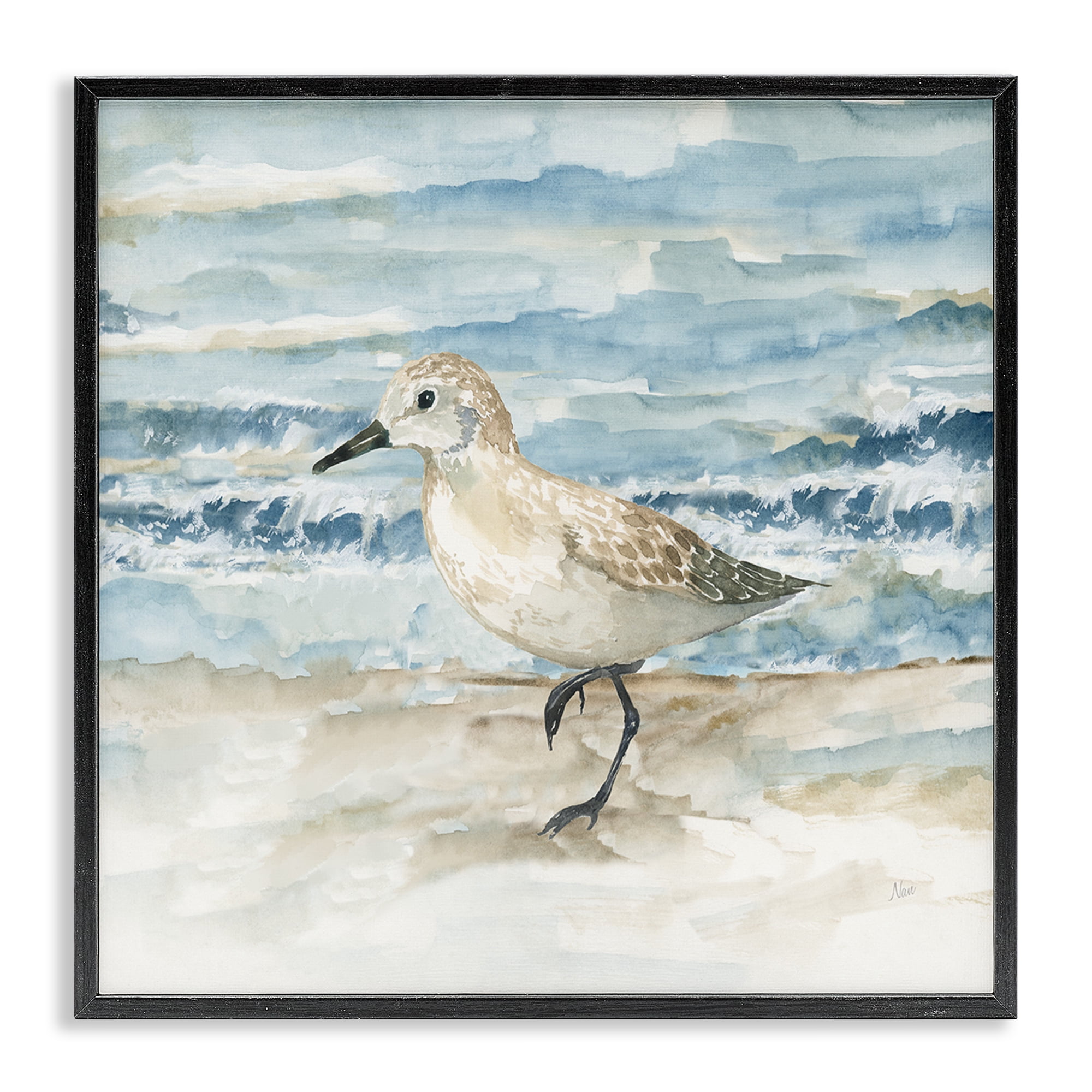Stupell Industries Balancing Sandpiper on Shore Animals Painting Black Framed Art Print Wall Art, 12 x 12