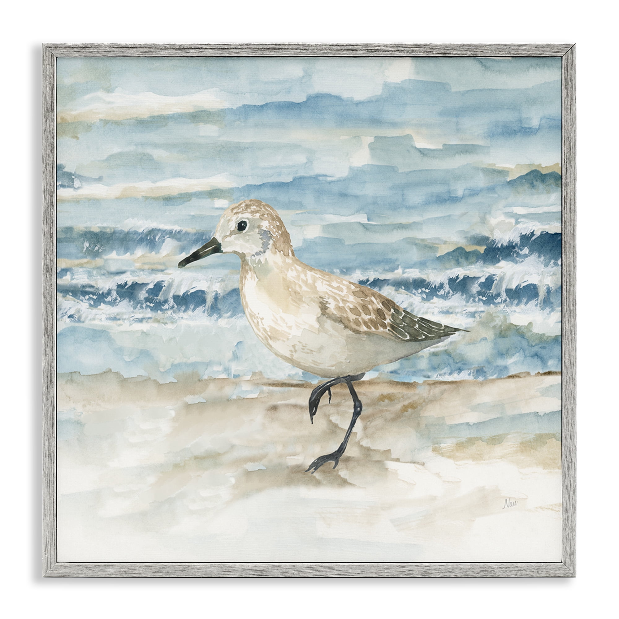 Stupell Industries Balancing Sandpiper on Shore Animals Painting Gray Framed Art Print Wall Art, 12 x 12