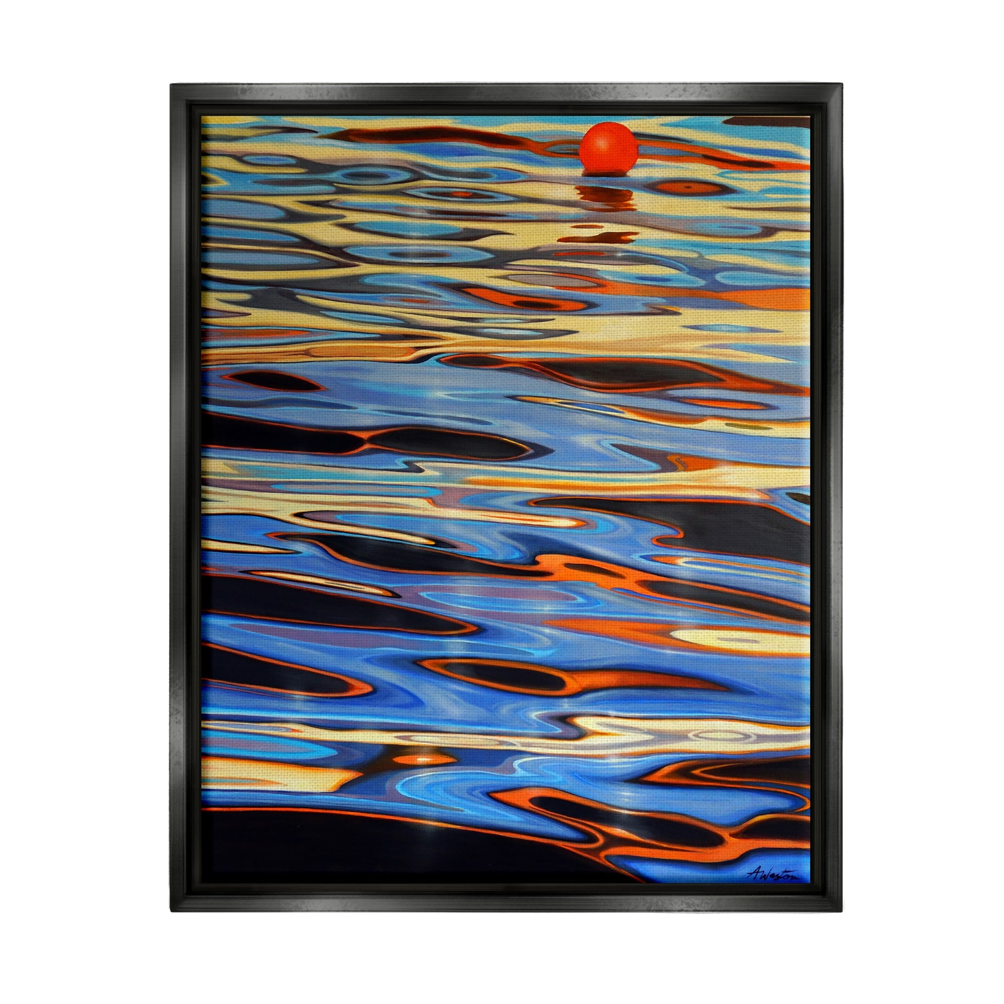 Stupell Industries Ball Floating Reflective Water Ripples Vivid Light Graphic Art Jet Black Floating Framed Canvas Print Wall Art, Design by Alan Weston