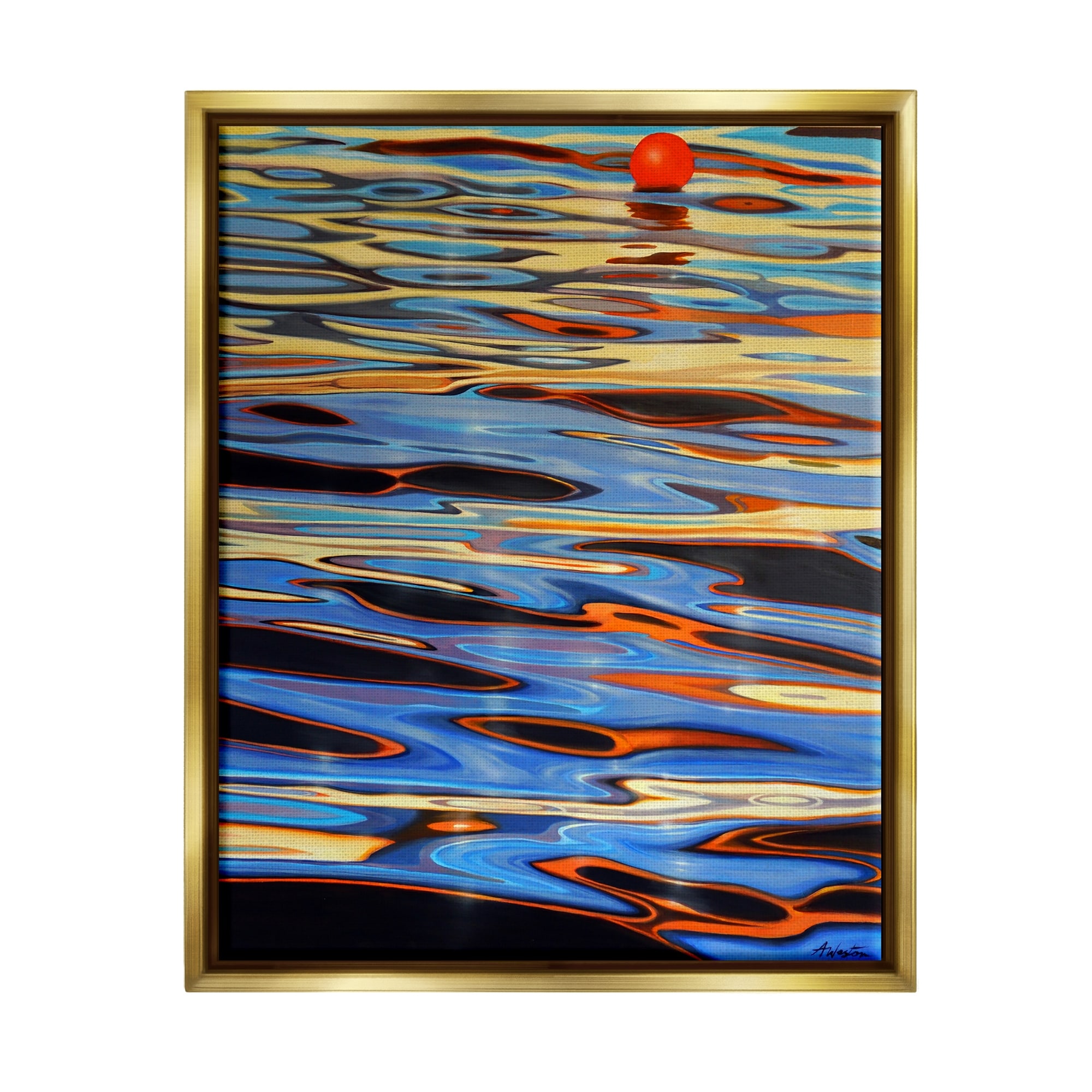 Stupell Industries Ball Floating Reflective Water Ripples Vivid Light Graphic Art Metallic Gold Floating Framed Canvas Print Wall Art, Design by Alan Weston