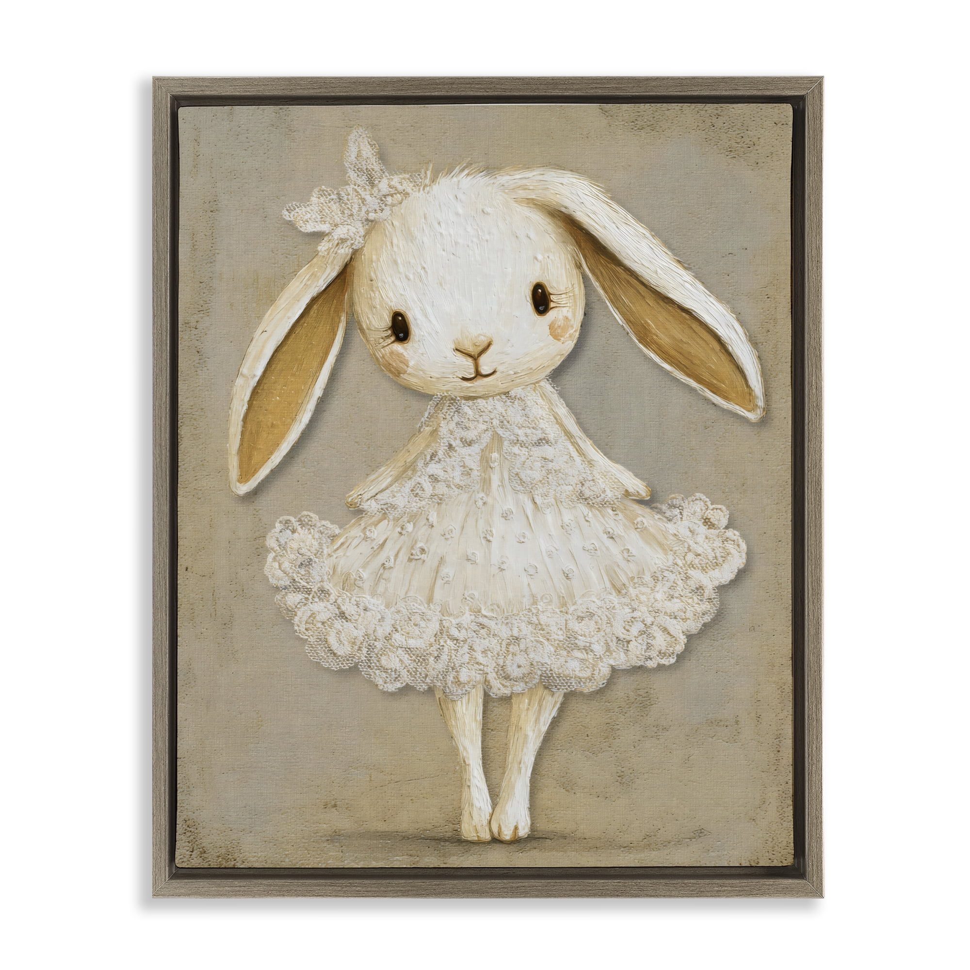 Stupell Industries Ballerina Bunny in Lace Dress Brown Framed Floater Canvas Wall Art, design by Ink Drop Loft