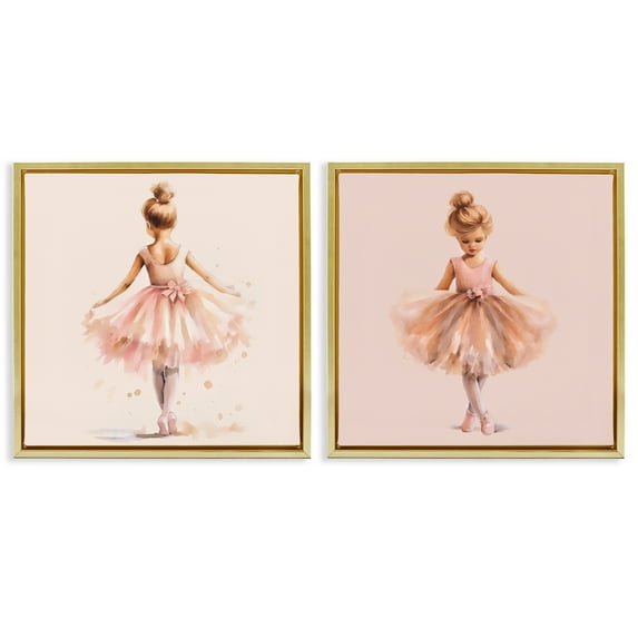 Stupell Industries Ballerina Dancing Stars People Painting Gold Floater Framed Canvas Art Print Wall Art, 18 x 18, Set of 2