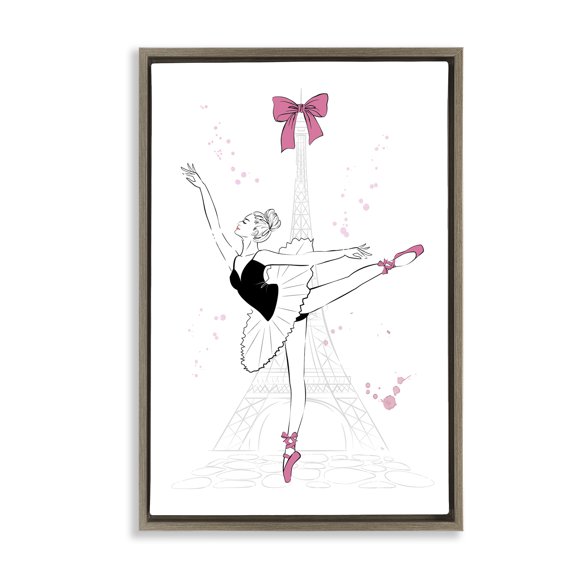 Stupell Industries Ballerina & Eiffel Tower Novelty Painting Brown Floater Framed Art Print Wall Art, 21 x 31