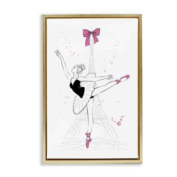 Stupell Industries Ballerina & Eiffel Tower Novelty Painting Gold Floater Framed Art Print Wall Art, 17 x 25