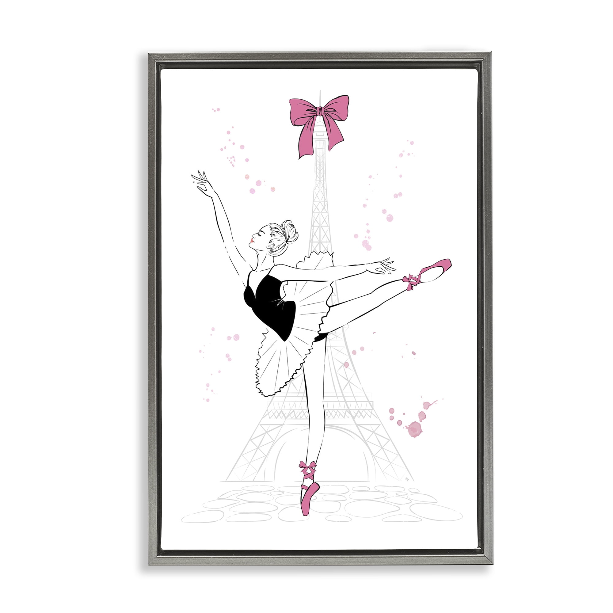 Stupell Industries Ballerina & Eiffel Tower Novelty Painting Gray Floater Framed Art Print Wall Art, 21 x 31